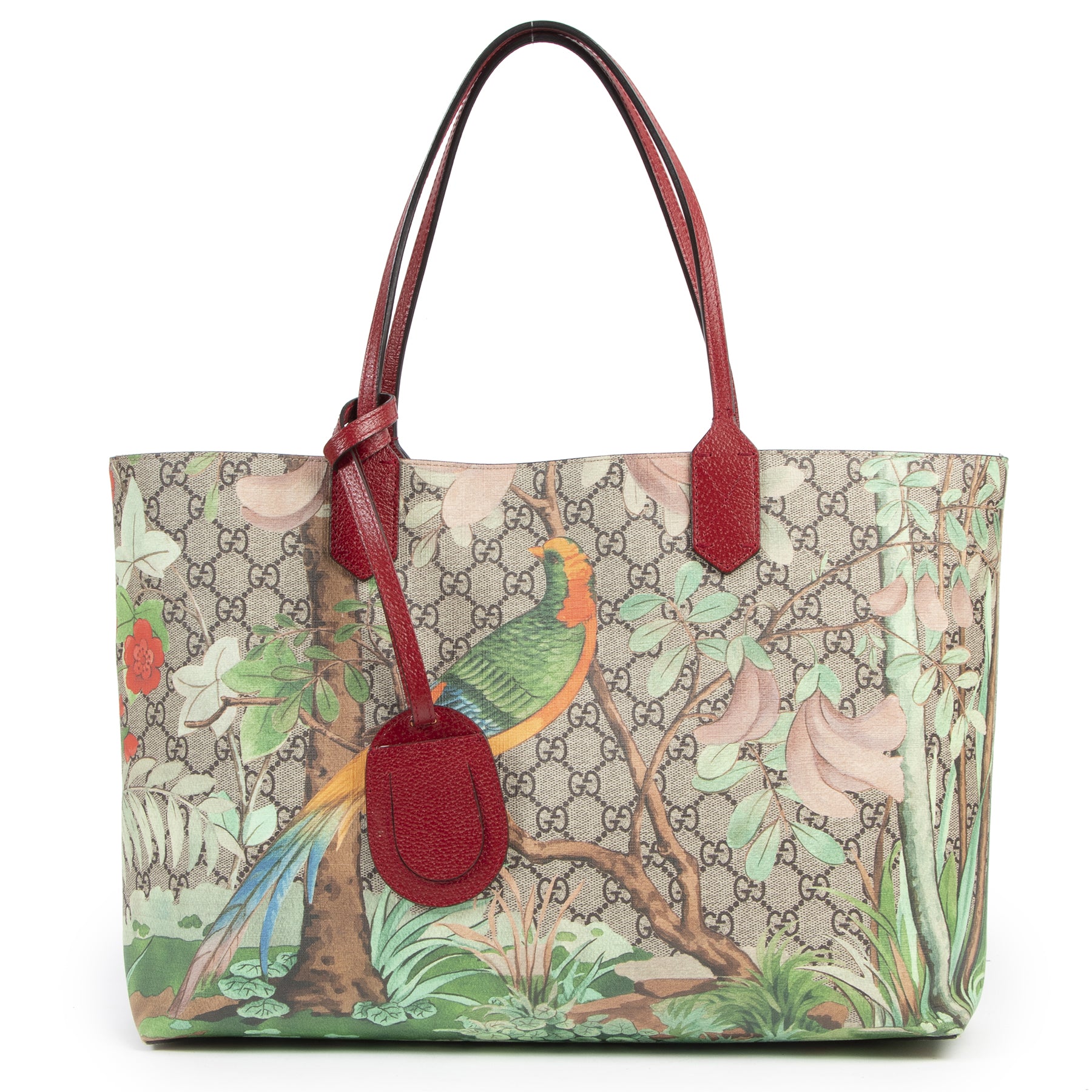 Authentieke Tweedehands Gucci Red GG Supreme Monogram Tian Print Tote Bag juiste prijs veilig online shoppen luxe merken webshop winkelen Antwerpen België mode fashion