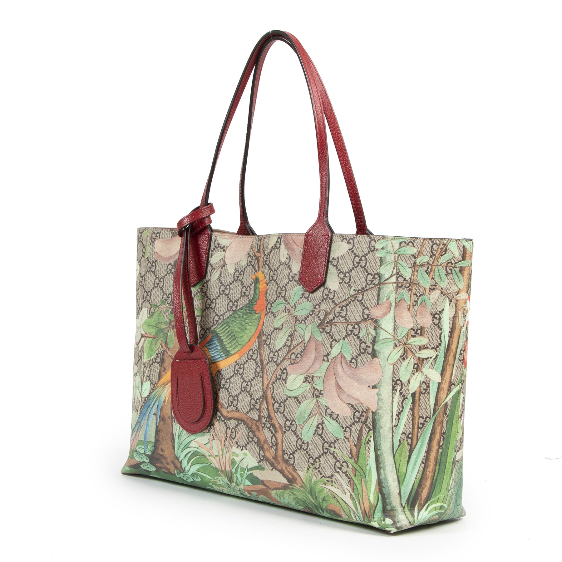 Authentieke Tweedehands Gucci Red GG Supreme Monogram Tian Print Tote Bag juiste prijs veilig online shoppen luxe merken webshop winkelen Antwerpen België mode fashion