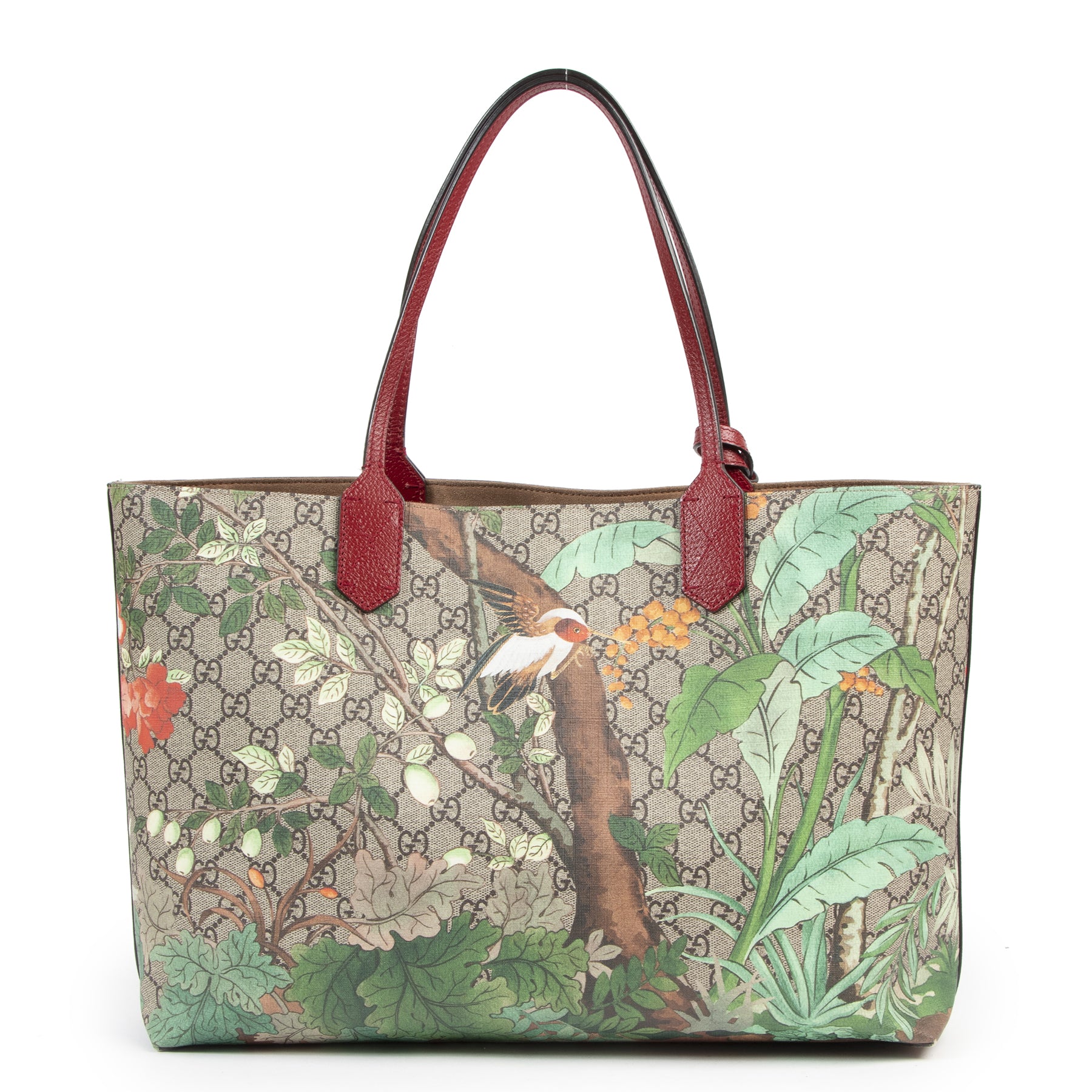 Authentic secondhand Gucci Red GG Supreme Monogram Tian Print Tote Bag designer bags fashion luxury vintage webshop safe secure online shopping