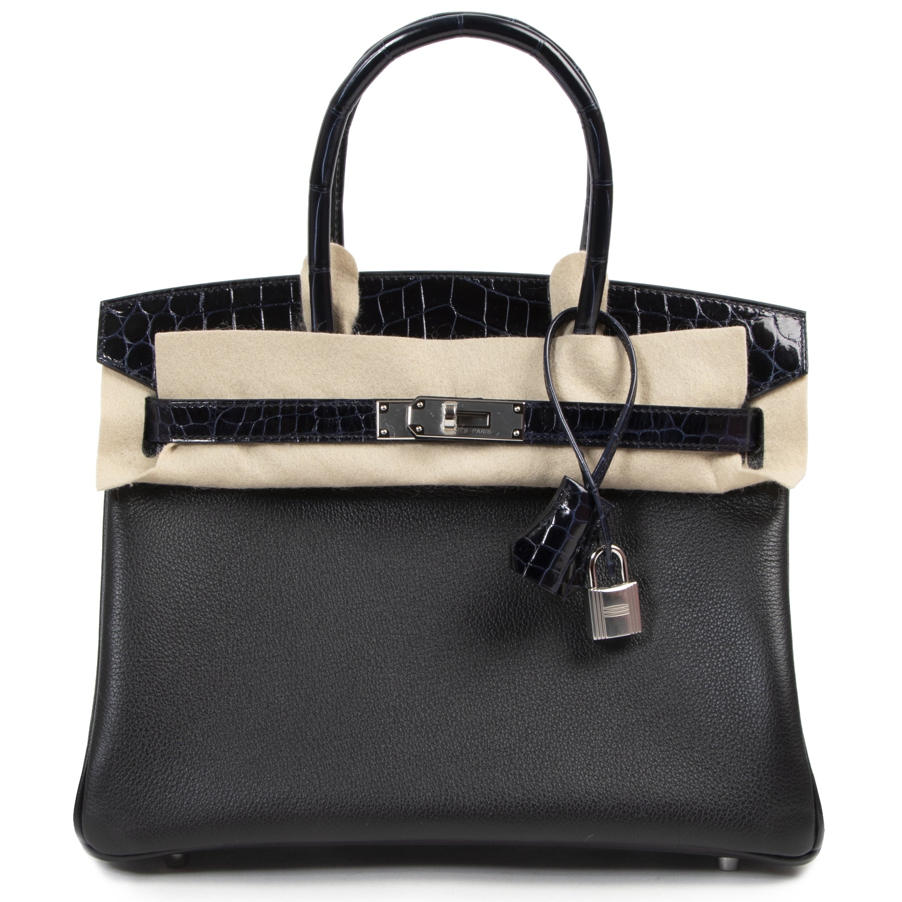 Hermès Birkin 30cm Touch Noir Bleu Marine Taurillon Novilo croco niloticus PHW for sale online at Labellov secondhand luxury in Antwerp Belgium