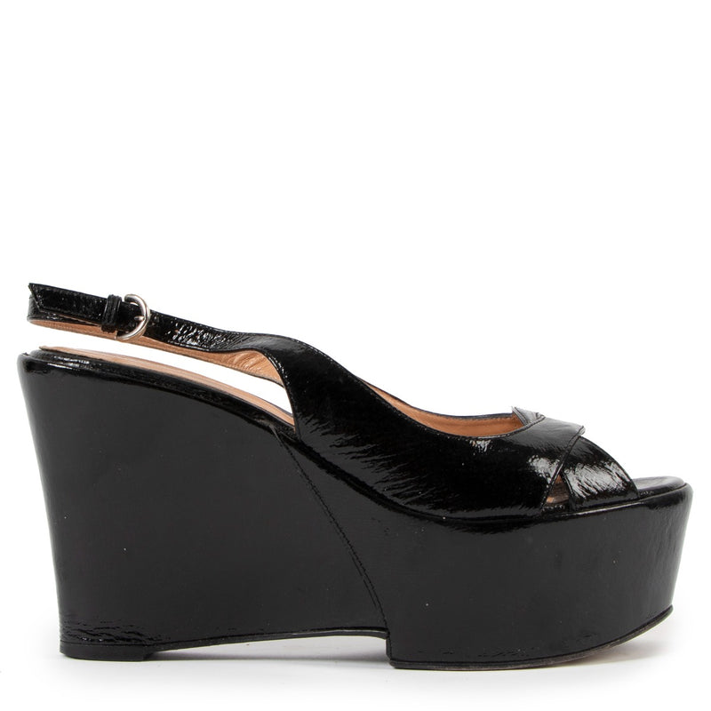 Sergio Rossi Black Patent Leather Wedge Sandals