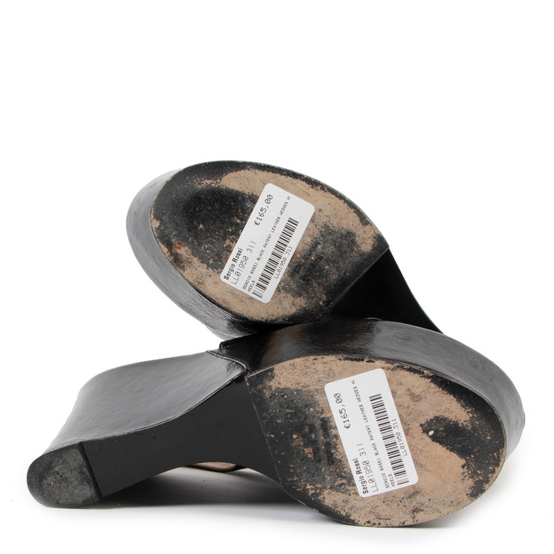 Sergio Rossi Black Patent Leather Wedge Sandals