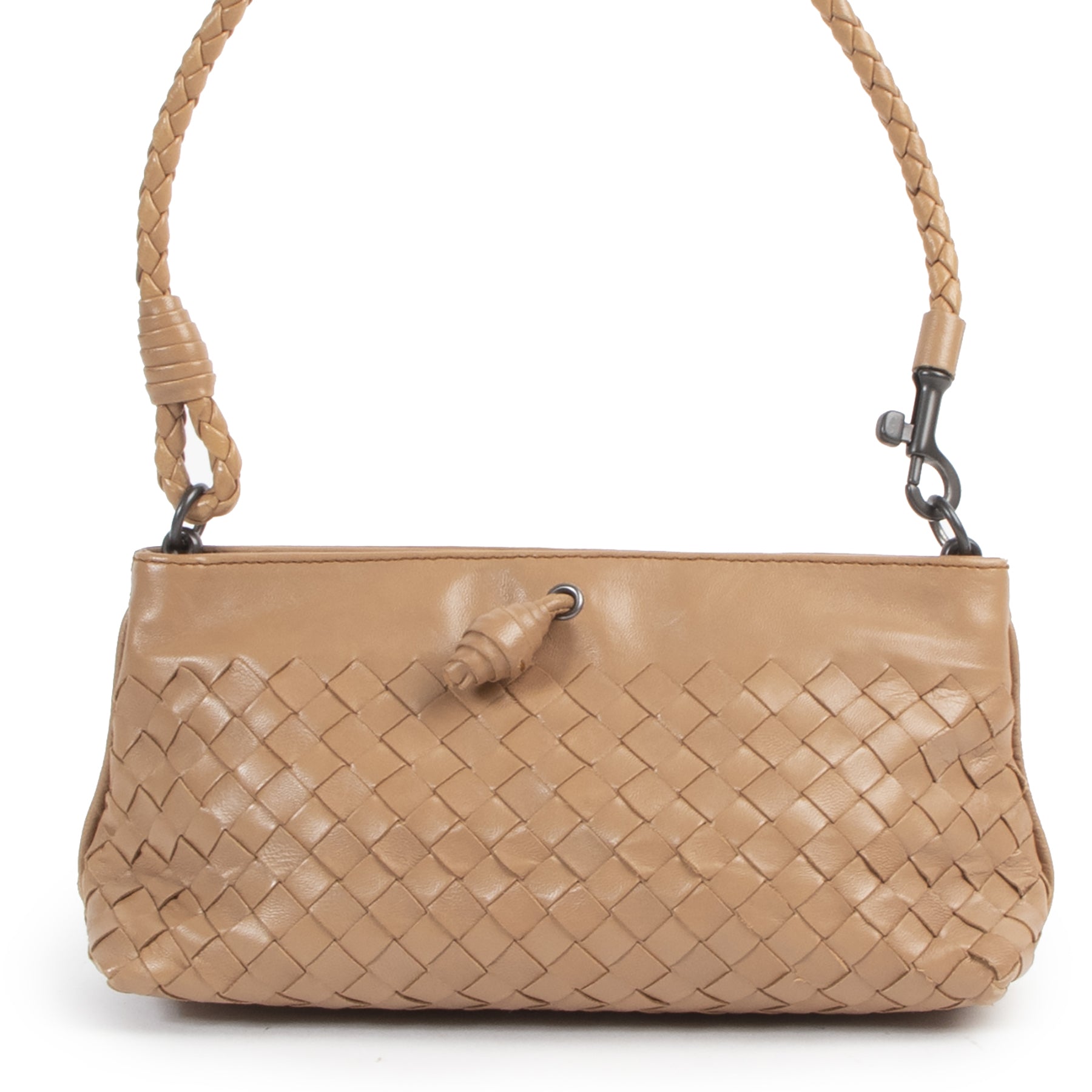 Authentieke Tweedehands Bottega Veneta Beige Intrecciato Woven Pochette juiste prijs veilig online shoppen luxe merken webshop winkelen Antwerpen België mode fashion