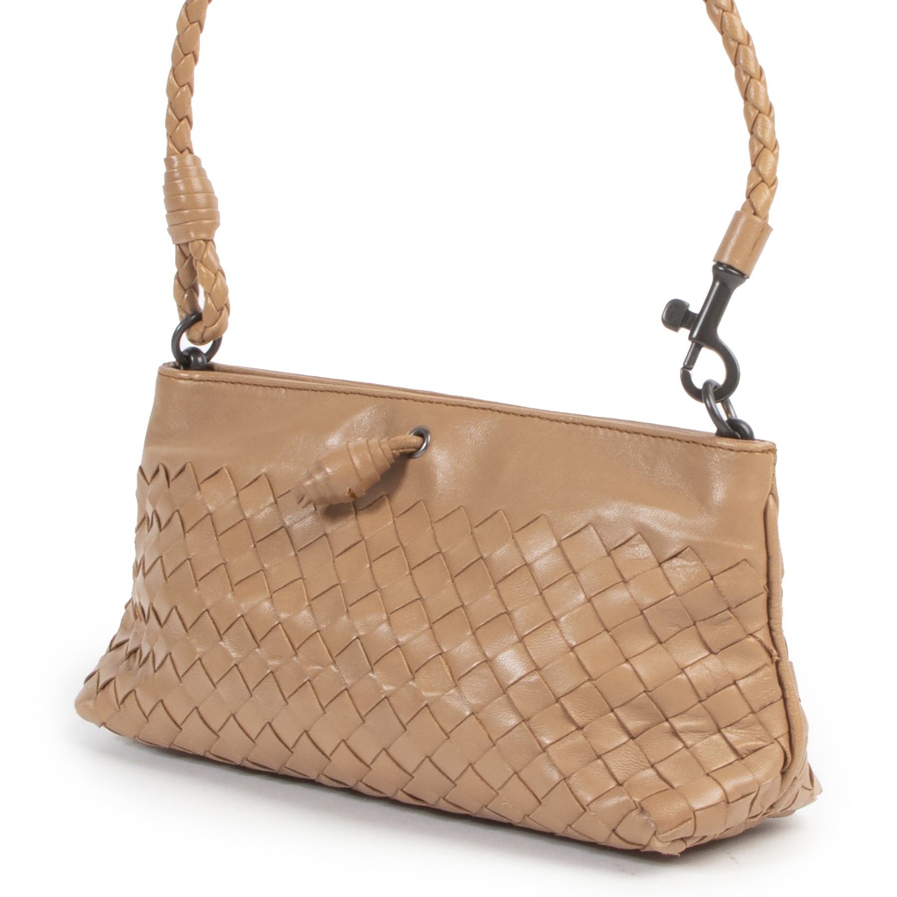 Authentieke Tweedehands Bottega Veneta Beige Intrecciato Woven Pochette juiste prijs veilig online shoppen luxe merken webshop winkelen Antwerpen België mode fashion