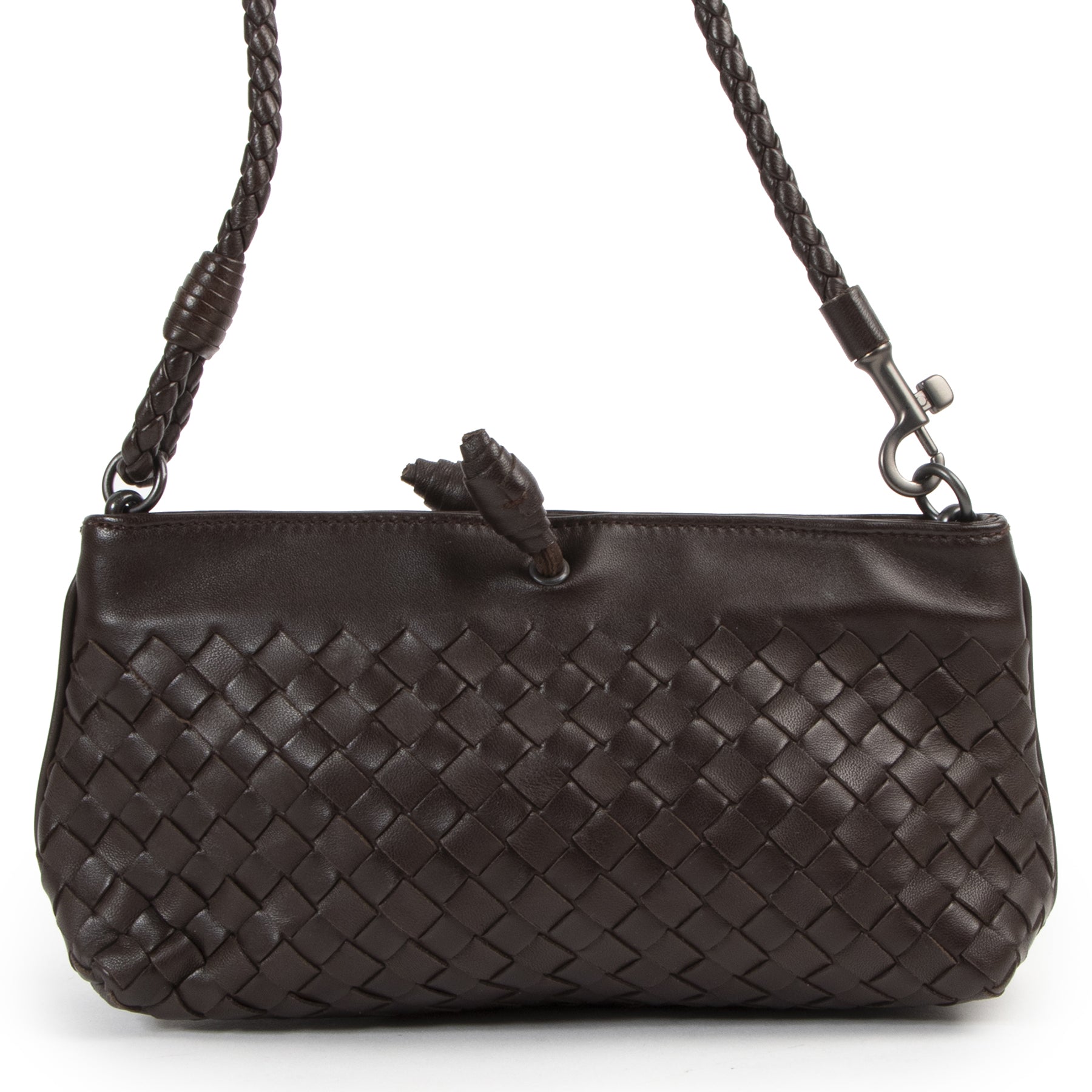 Authentic secondhand Bottega Veneta Brown Intrecciato Woven Leather Pochette designer bags fashion luxury vintage webshop safe secure online shopping
