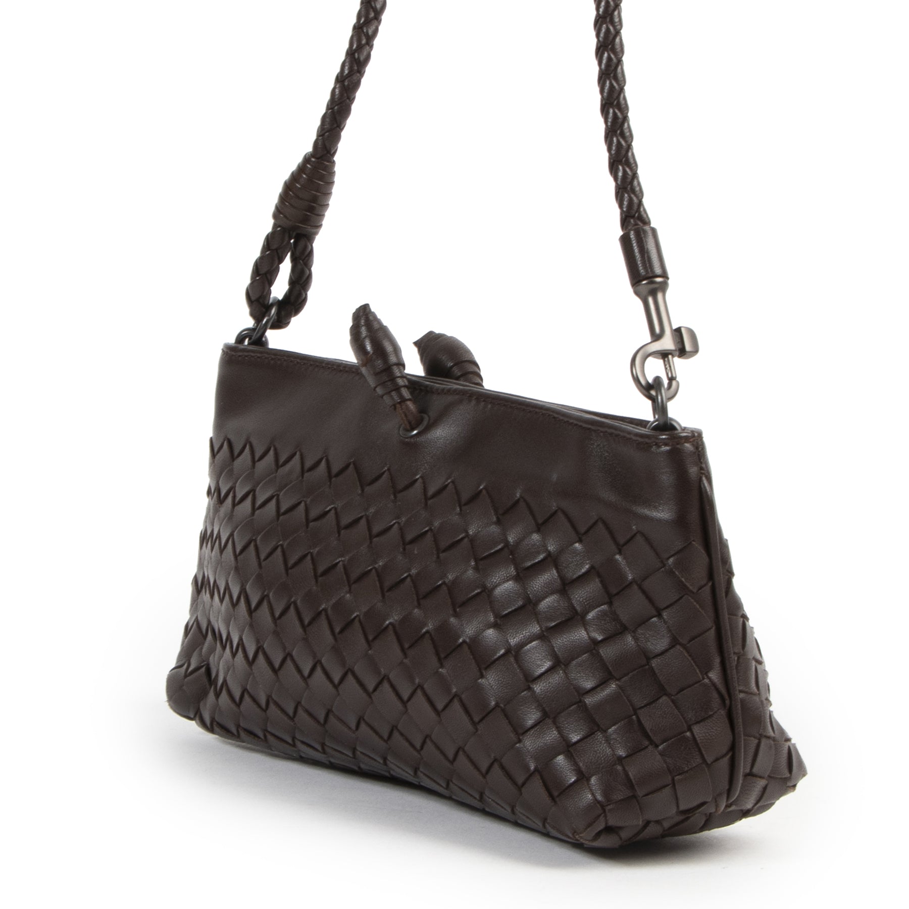 Authentieke Tweedehands Bottega Veneta Brown Intrecciato Woven Leather Pochette juiste prijs veilig online shoppen luxe merken webshop winkelen Antwerpen België mode fashion