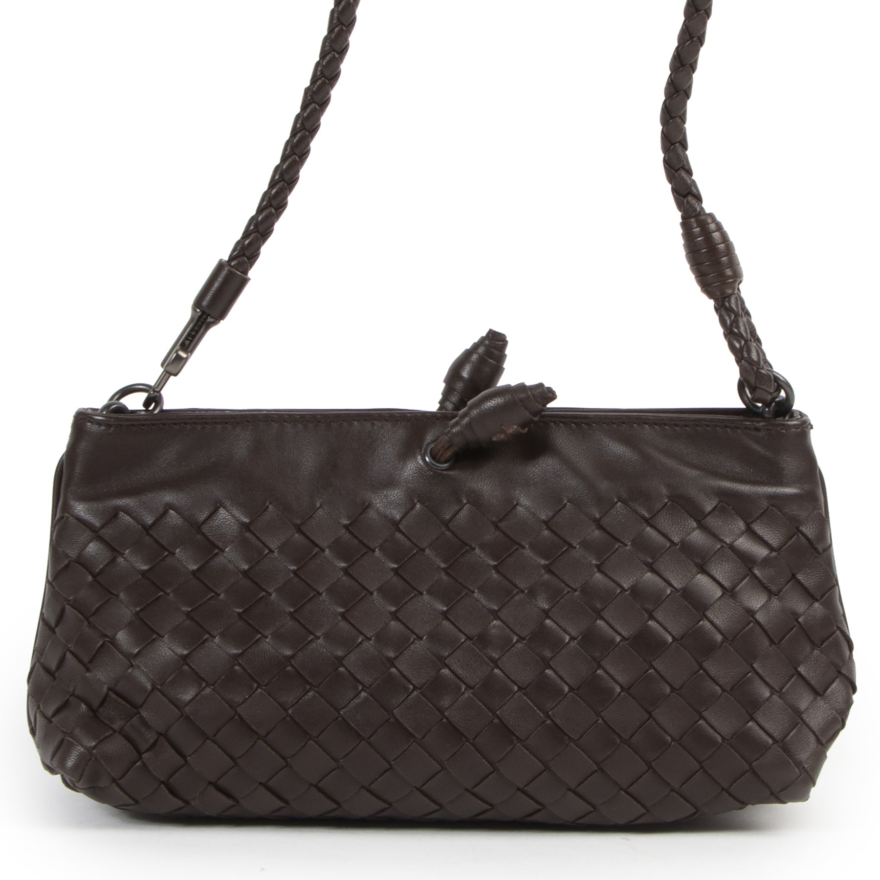 Authentieke Tweedehands Bottega Veneta Brown Intrecciato Woven Leather Pochette juiste prijs veilig online shoppen luxe merken webshop winkelen Antwerpen België mode fashion