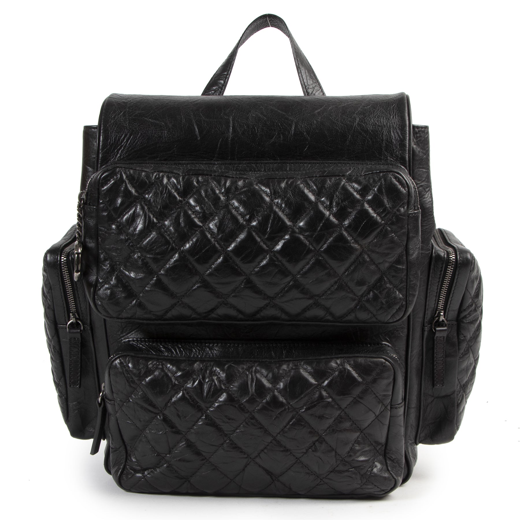 Authentieke Tweedehands Chanel Black Aged Quilted Lambskin Leather 'Casual Rock' Backpack juiste prijs veilig online shoppen luxe merken webshop winkelen Antwerpen België mode fashion