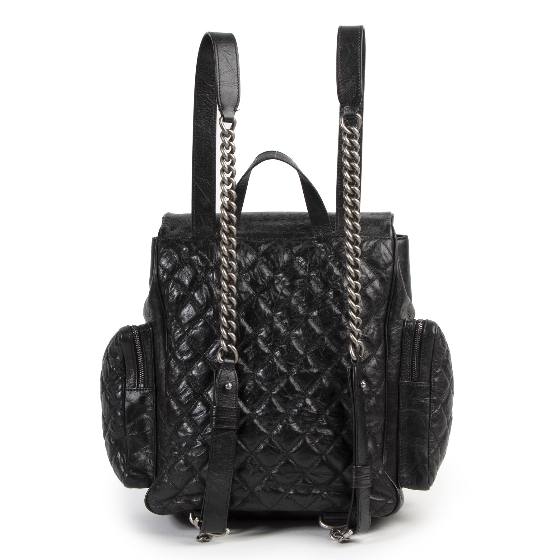 Authentieke Tweedehands Chanel Black Aged Quilted Lambskin Leather 'Casual Rock' Backpack juiste prijs veilig online shoppen luxe merken webshop winkelen Antwerpen België mode fashion