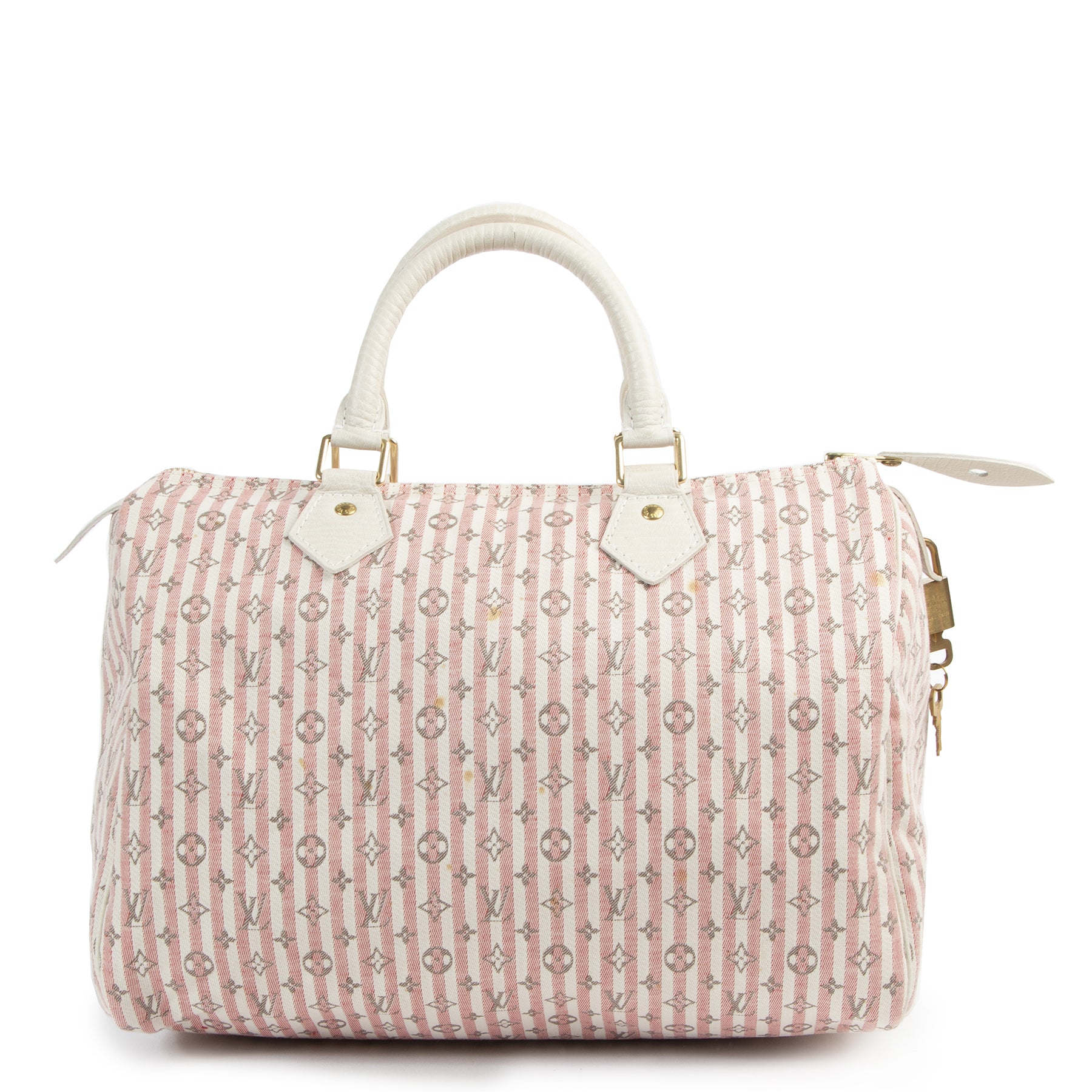 Authentieke Tweedehands Louis Vuitton Pink/White Monogram Mini Lin Croisette Speedy 30 Bag juiste prijs veilig online shoppen luxe merken webshop winkelen Antwerpen België mode fashion