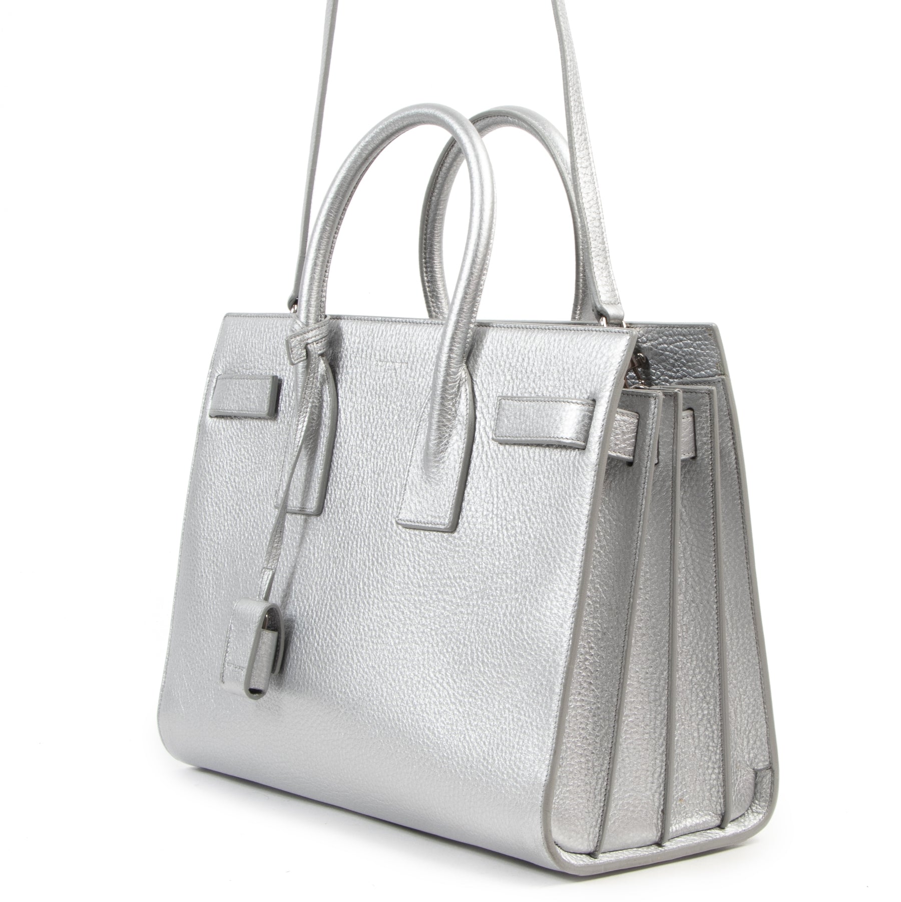 Authentieke Tweedehands Saint Laurent Small Silver Sac de Jour Top Handle juiste prijs veilig online shoppen luxe merken webshop winkelen Antwerpen België mode fashion