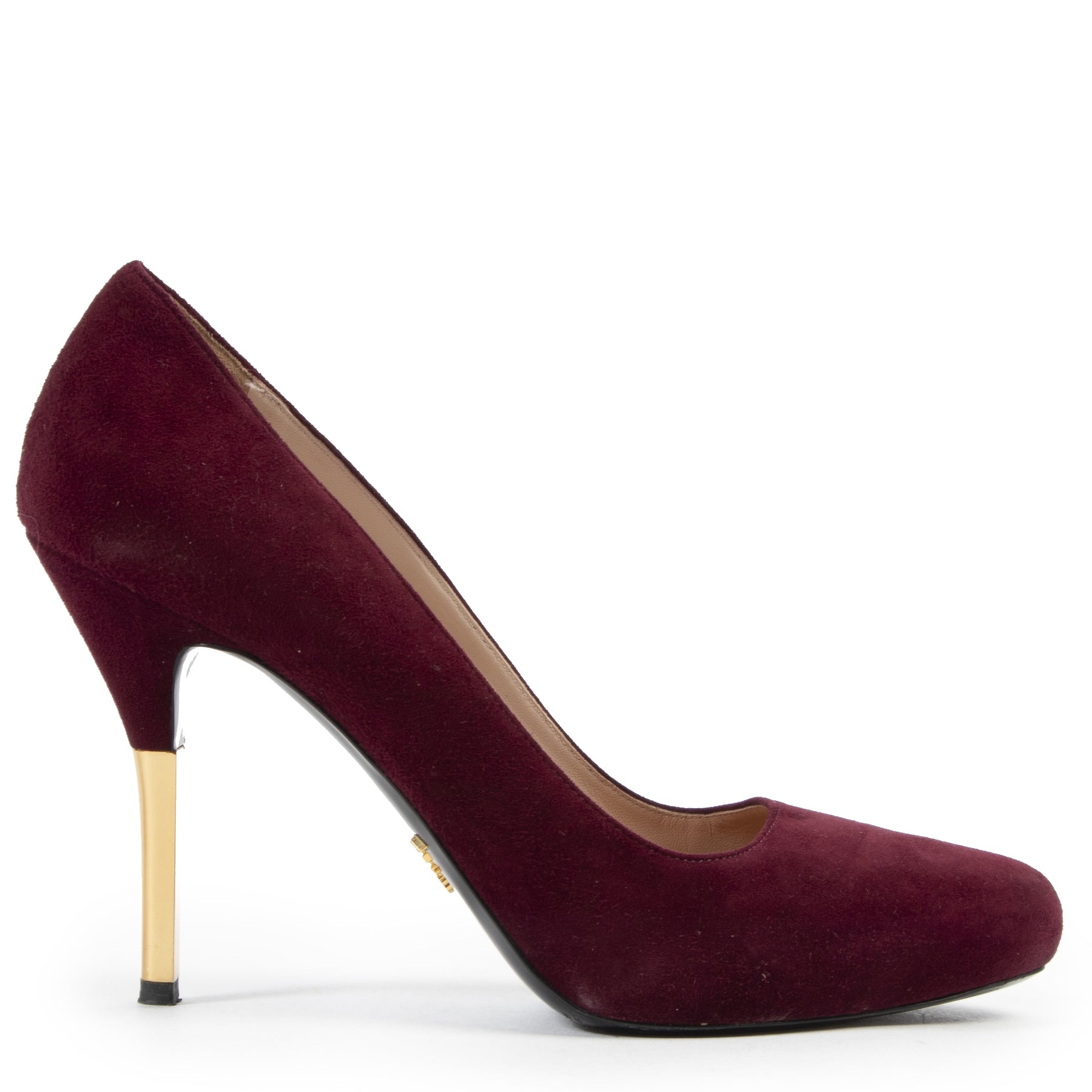 Prada Bordeaux Suede Gold Heels Pumps buy and sell preloved online
