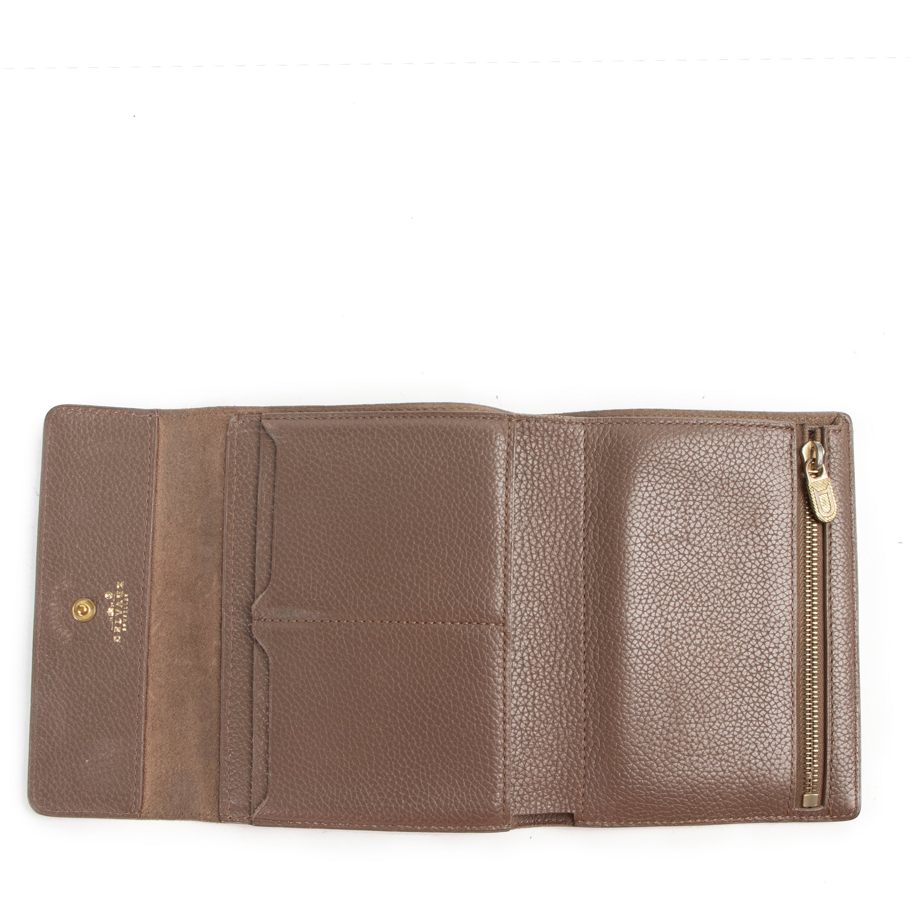 Authentieke Tweedehands Delvaux Taupe Leather Wallet juiste prijs veilig online shoppen luxe merken webshop winkelen Antwerpen België mode fashion