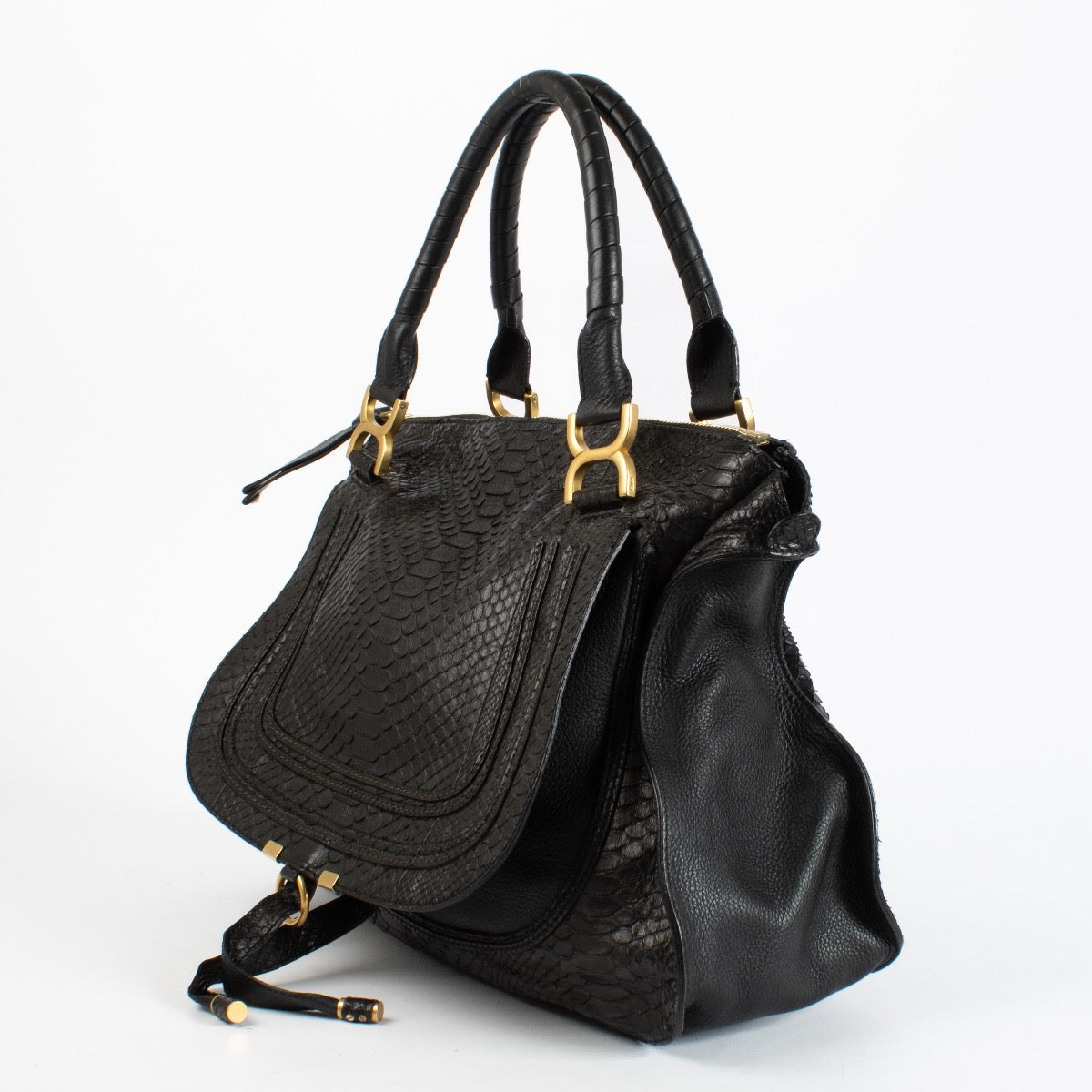 Authentic Preloved Chloe Black Python large Marcie Bag Top Handle on Labellov.com