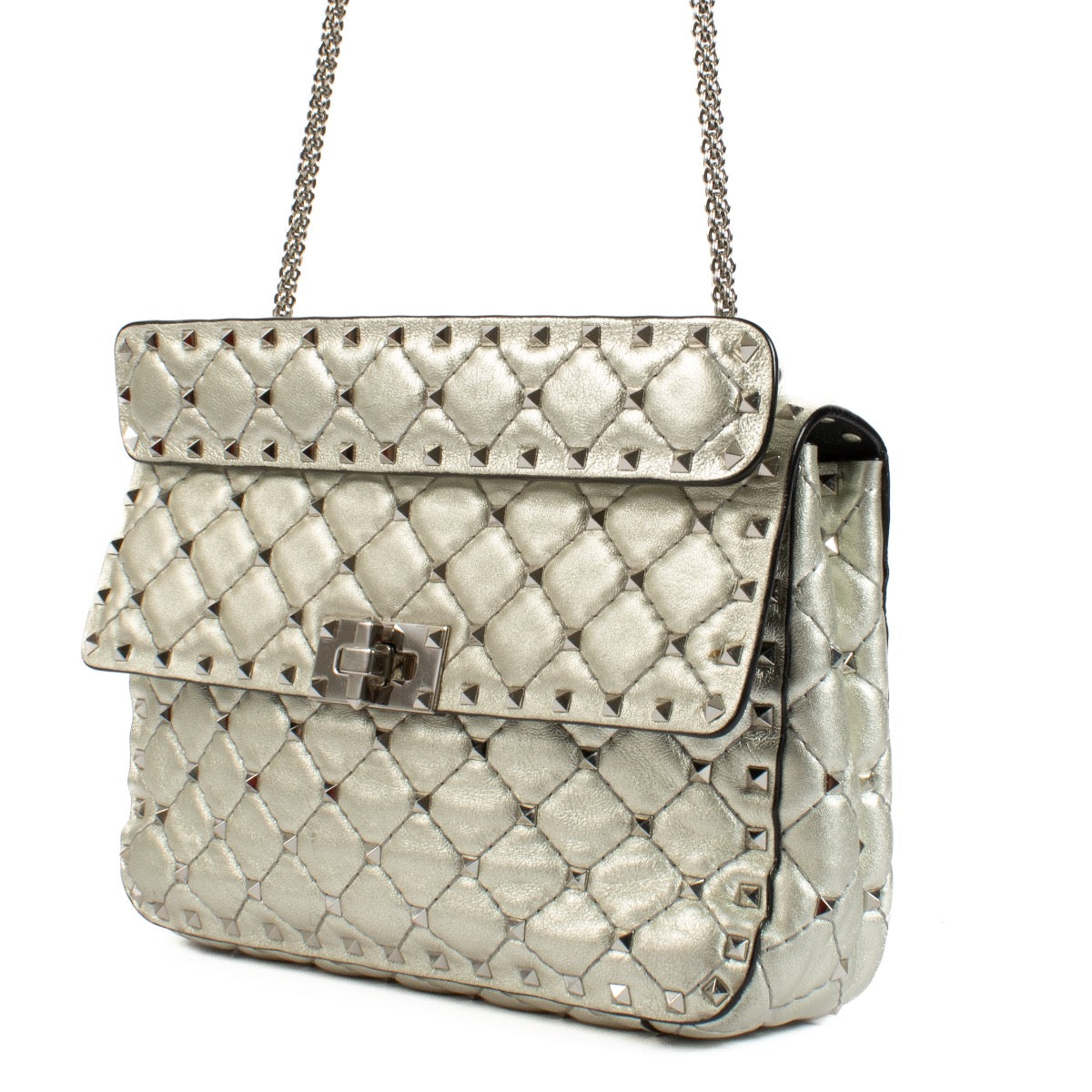 Buy authentic second hand Valentino Silver Quilted Leather Medium Rockstud Spike Crossbody at Labellov.com