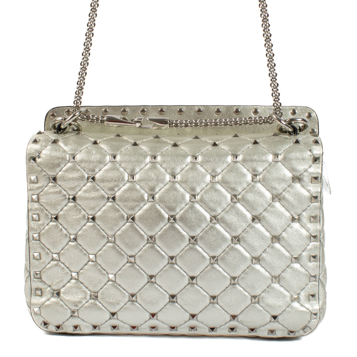 Buy authentic second hand Valentino Silver Quilted Leather Medium Rockstud Spike Crossbody at Labellov.com
