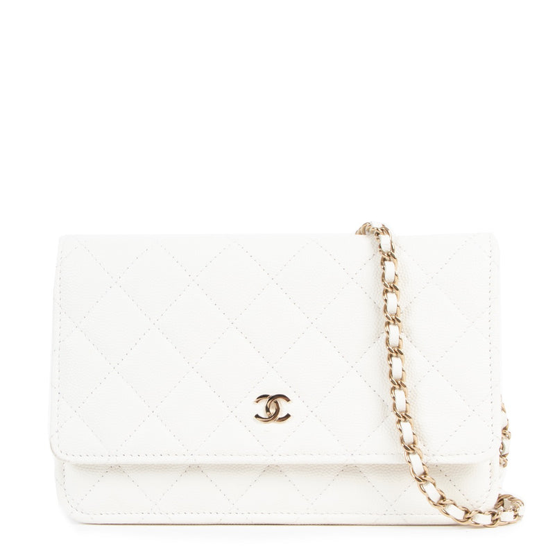 Shop safe online an authentic second hand Chanel White Caviar Leather Classic Wallet On Chain at labellov.com in Antwerp