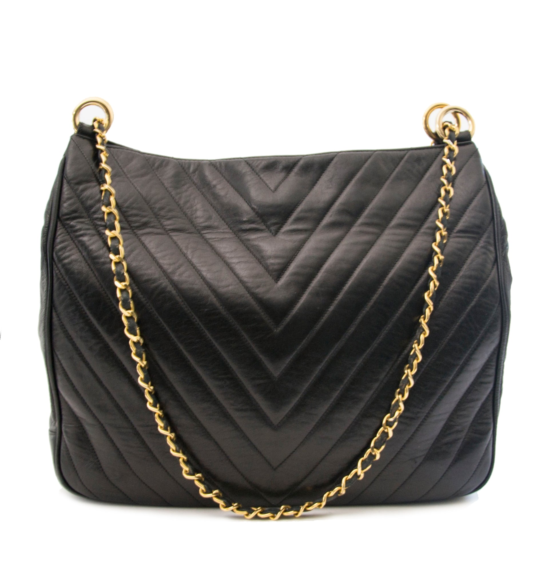 koop online tegen de beste prijs Chanel Vintage Black Cheveron Shoulderbag