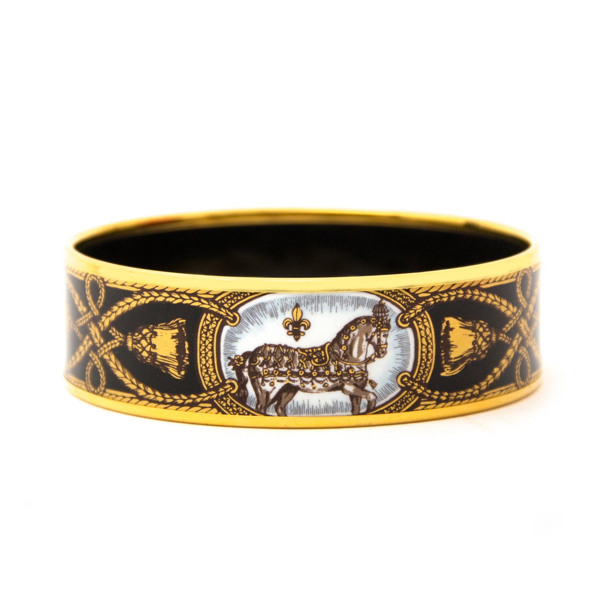 Hermès Gold Plated Printed Horse Enamel Bracelet for sale at Labellov online or in store, unique vintage bracelets.