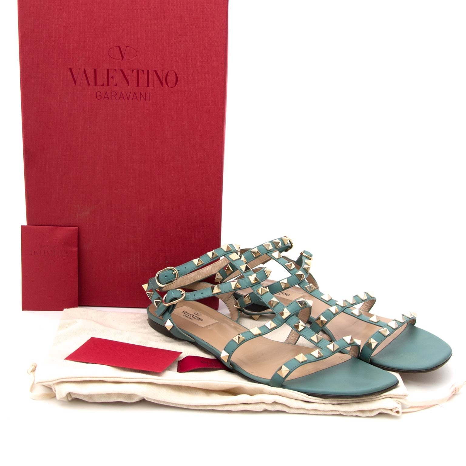 Valentino Aqua Rockstud Flat Sandals - Size 39