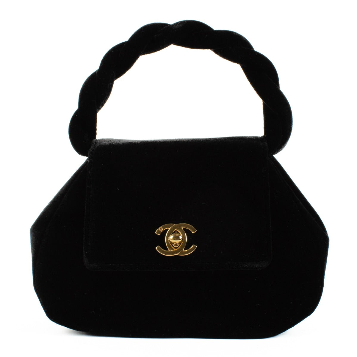 Sac Chanel Vintage en Velours Noir avec Anses Torsadées