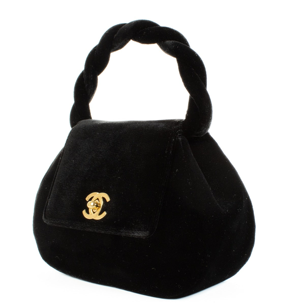 Sac Chanel Vintage en Velours Noir avec Anses Torsadées