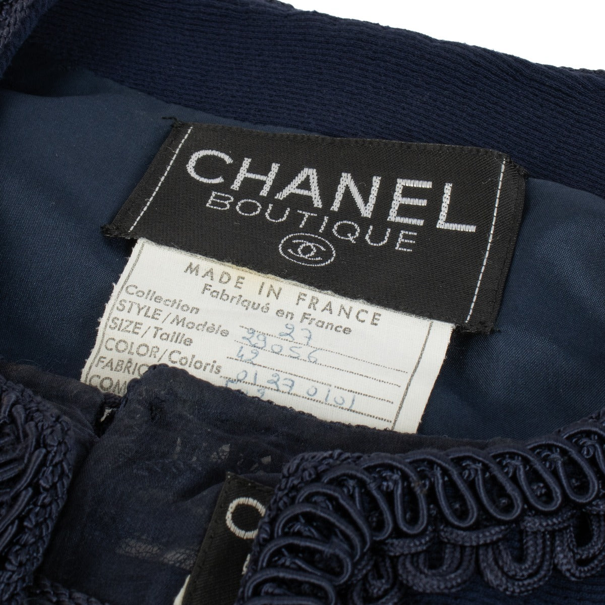 Chanel Collectie 27 Blauw Geborduurde Jas/Top Set - Maat FR42