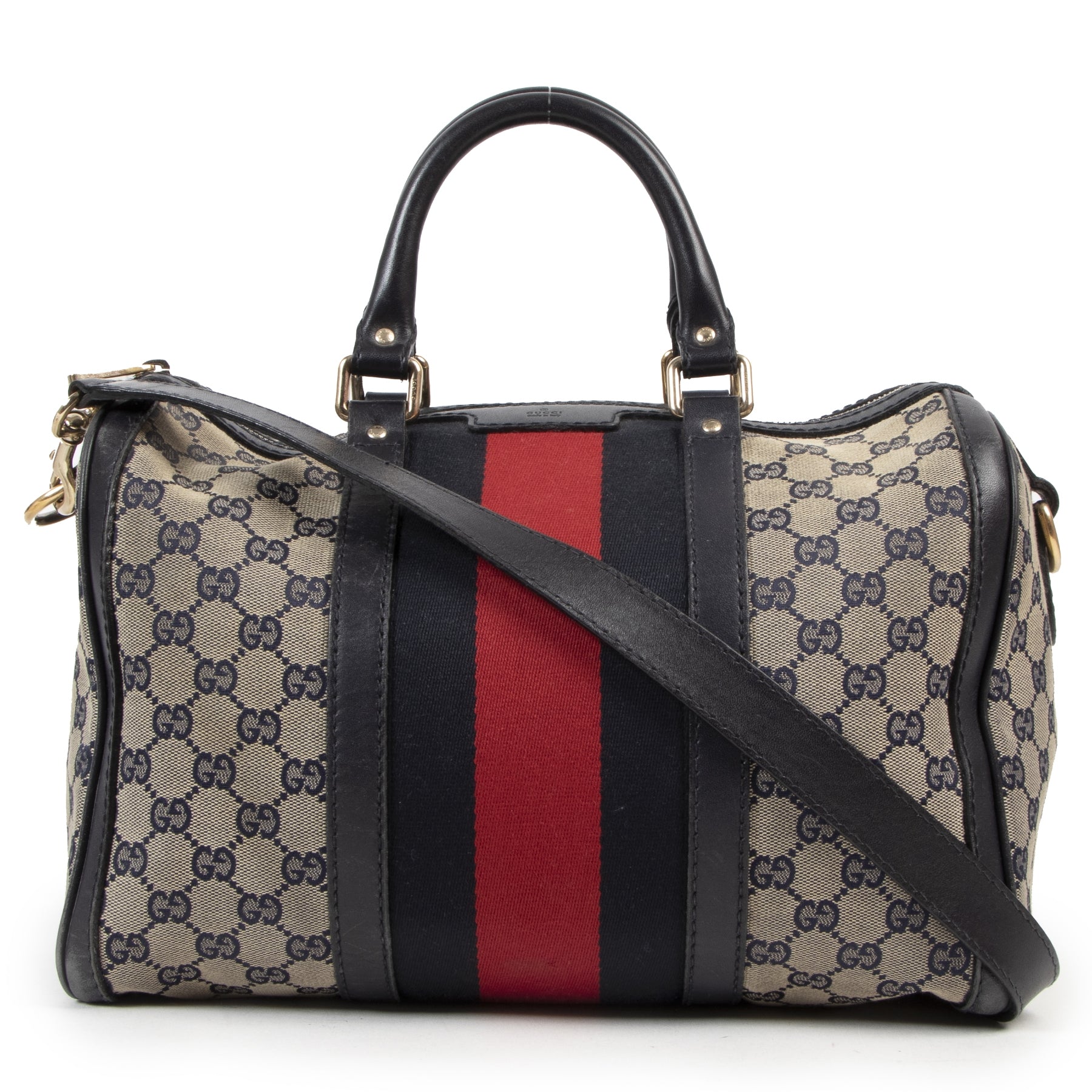 Gucci Vintage Web Original GG Blue Boston Bag available online at Labellov