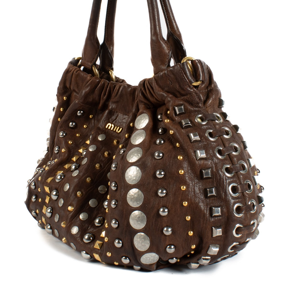 Shop safe online at Labellov in Antwerp, Brussels and Knokke this 100% authentic second hand Miu Miu Brown Studded Handbag