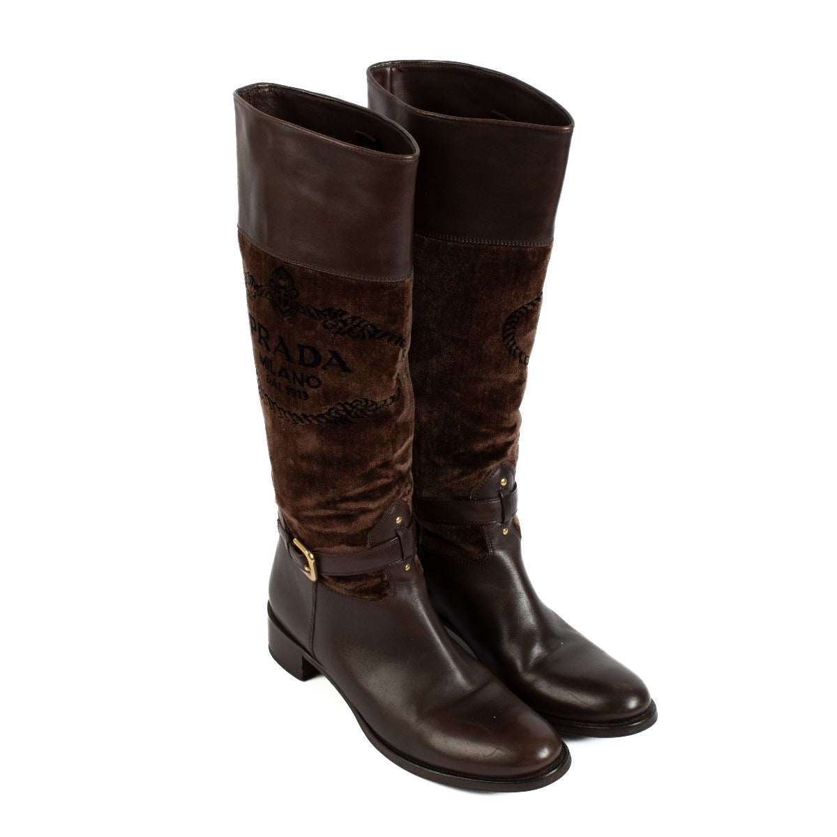 Shop safe online at Labellov in Antwerp, Brussels and Knokke this 100% authentic second hand Prada Brown Velvet Logo Jacquard Boots - Size 38