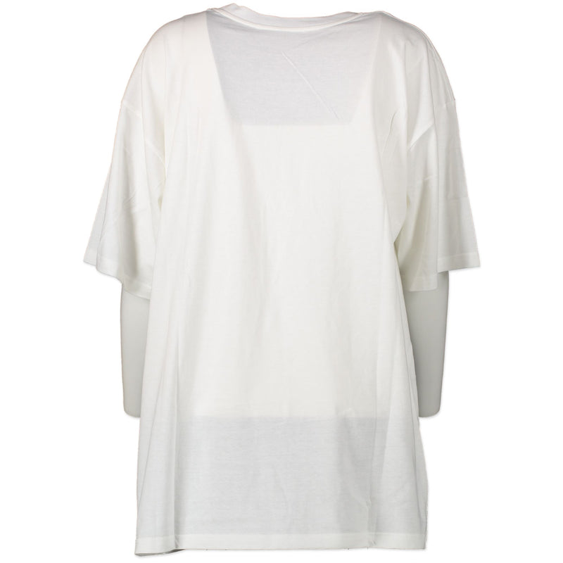 Authentieke Tweedehands Moschino White 'I Don't Speak Italian But I Do Speak Moschino' Shirt - Size M/L juiste prijs veilig online shoppen luxe merken webshop winkelen Antwerpen België mode fashion