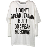 Authentic secondhand Moschino White 'I Don't Speak Italian But I Do Speak Moschino' Shirt - Size M/L designer bags fashion luxury vintage webshop safe secure online shopping