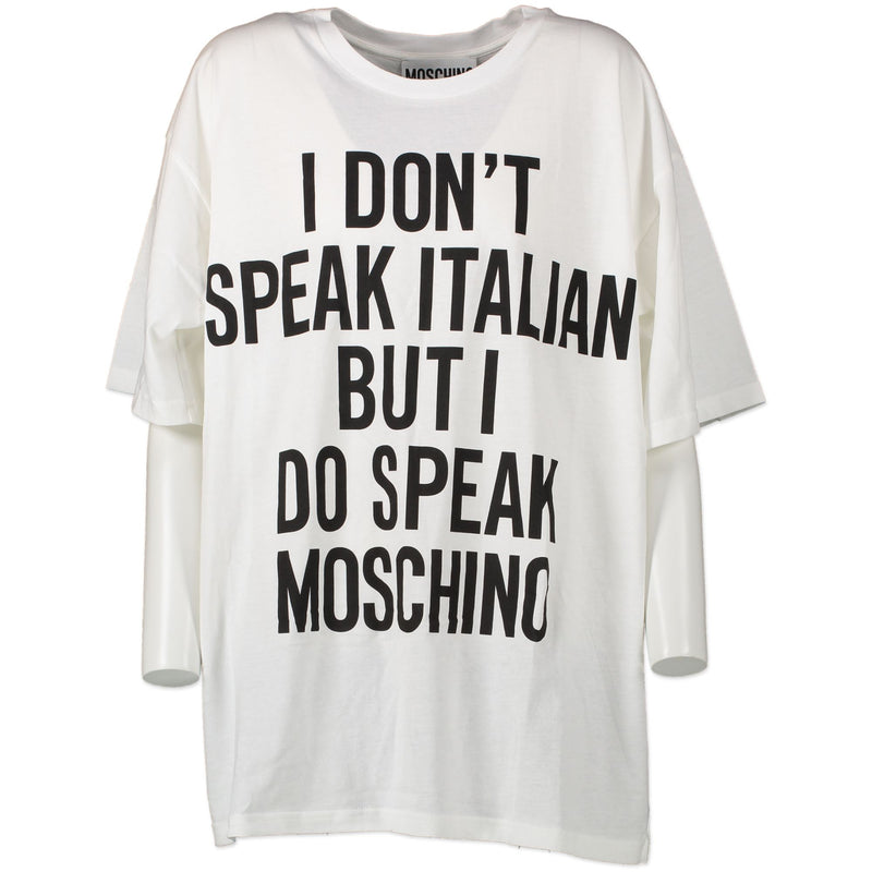 Authentic secondhand Moschino White 'I Don't Speak Italian But I Do Speak Moschino' Shirt - Size M/L designer bags fashion luxury vintage webshop safe secure online shopping