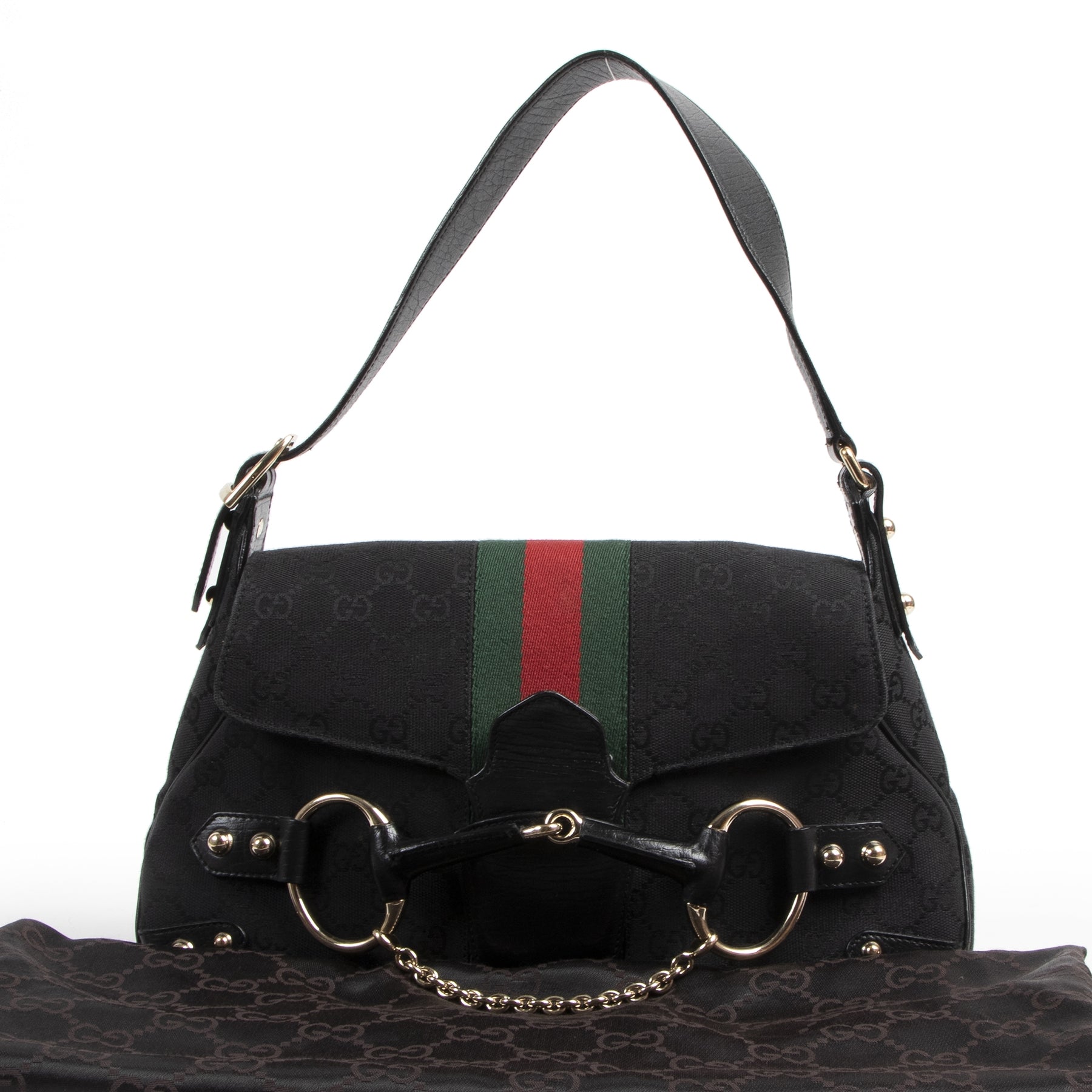 Gucci Black Fabric Web Shoulder Bag met stofzak en in zeer mooie staat mooi kopen bij labellov labelove labellove