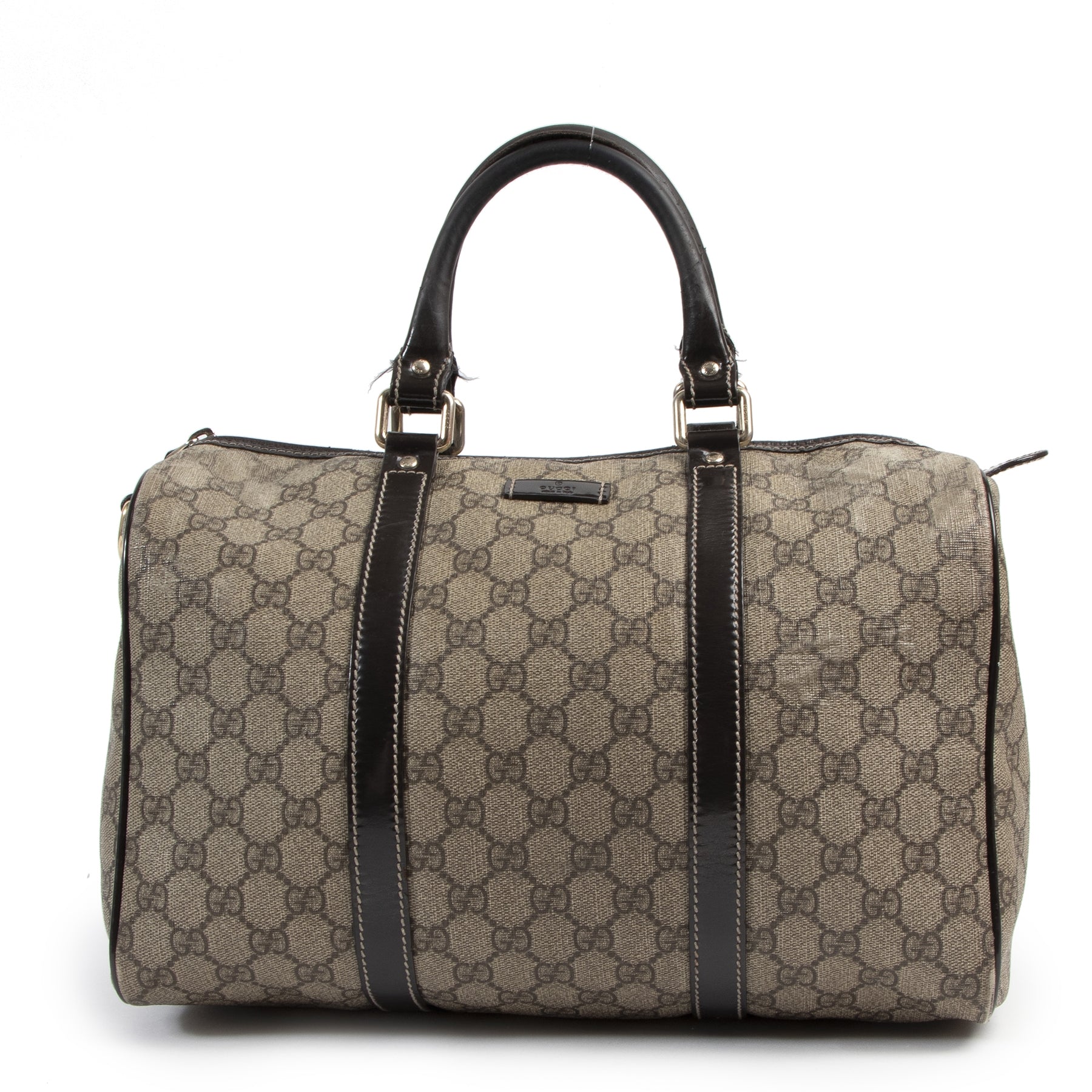 Authentieke Tweedehands Gucci Brown Monogram GG Joy Boston Medium Bag juiste prijs veilig online shoppen luxe merken webshop winkelen Antwerpen België mode fashion