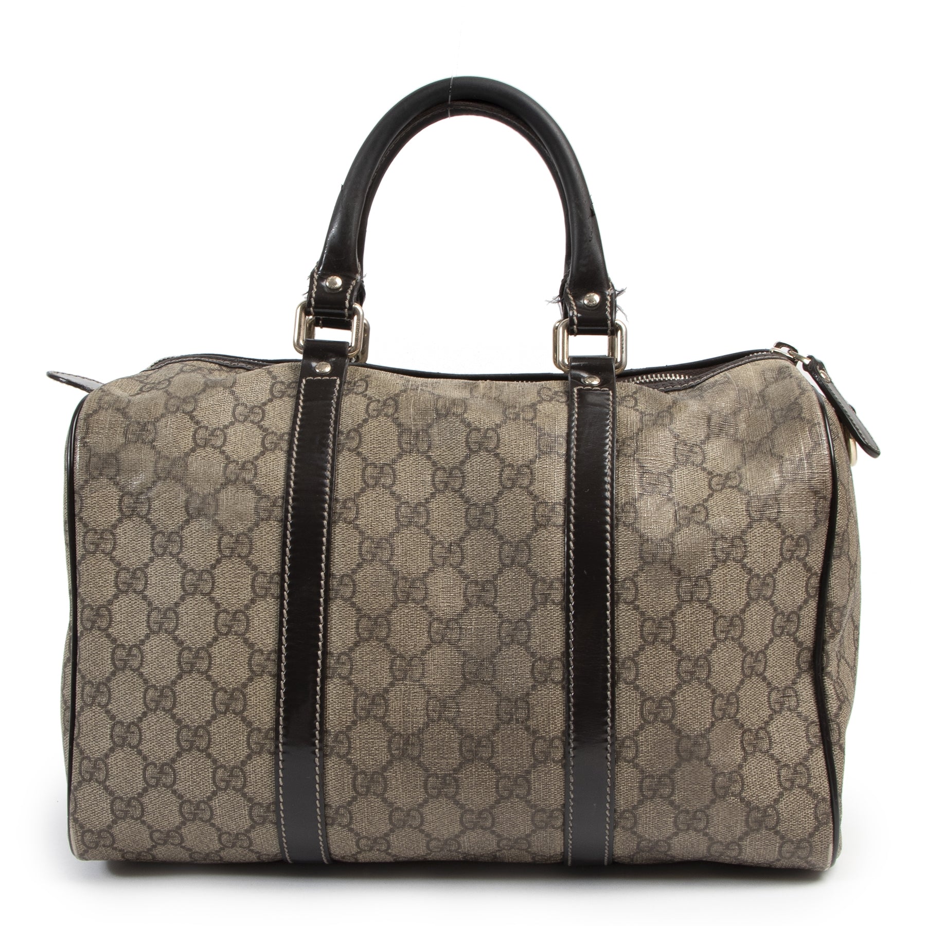 Authentieke Tweedehands Gucci Brown Monogram GG Joy Boston Medium Bag juiste prijs veilig online shoppen luxe merken webshop winkelen Antwerpen België mode fashion