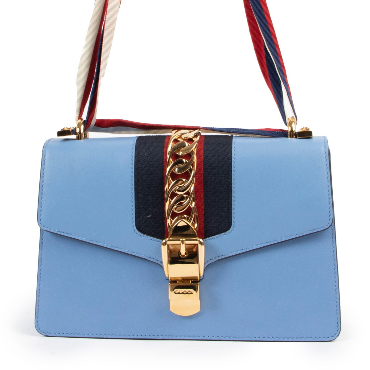 Shop safe online at Labellov in Antwerp this 100% authentic second hand Gucci Light Blue Sylvie Shoulder Bag