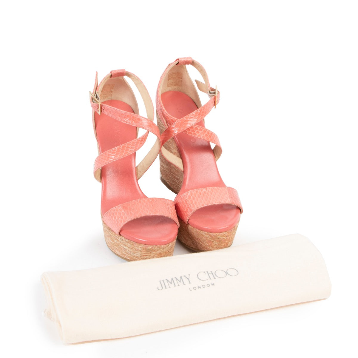 Shop safe online at Labellov in Antwerp this 100% authentic second hand Jimmy Choo Pink Python Wedge Heels - Size 38,5