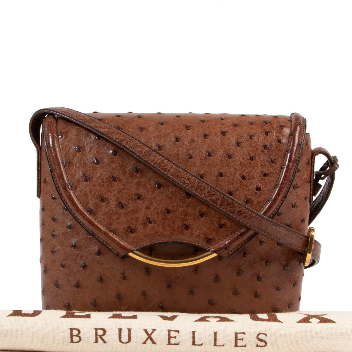 Delvaux Brown Ostrich Eclair Crossbody Bag
