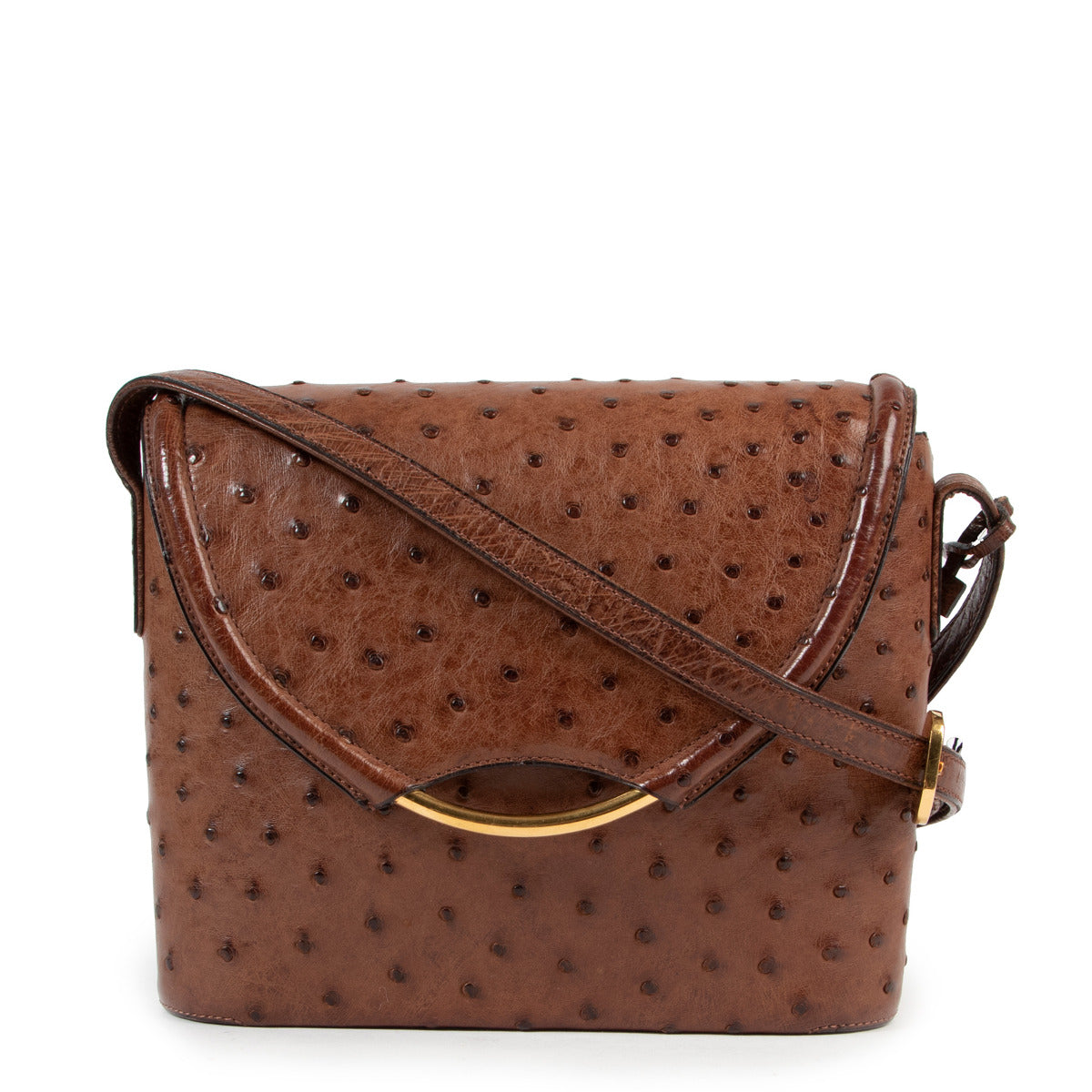 Delvaux Brown Ostrich Eclair Crossbody Bag for the best price at Labellov secondhand luxury in Antwerp