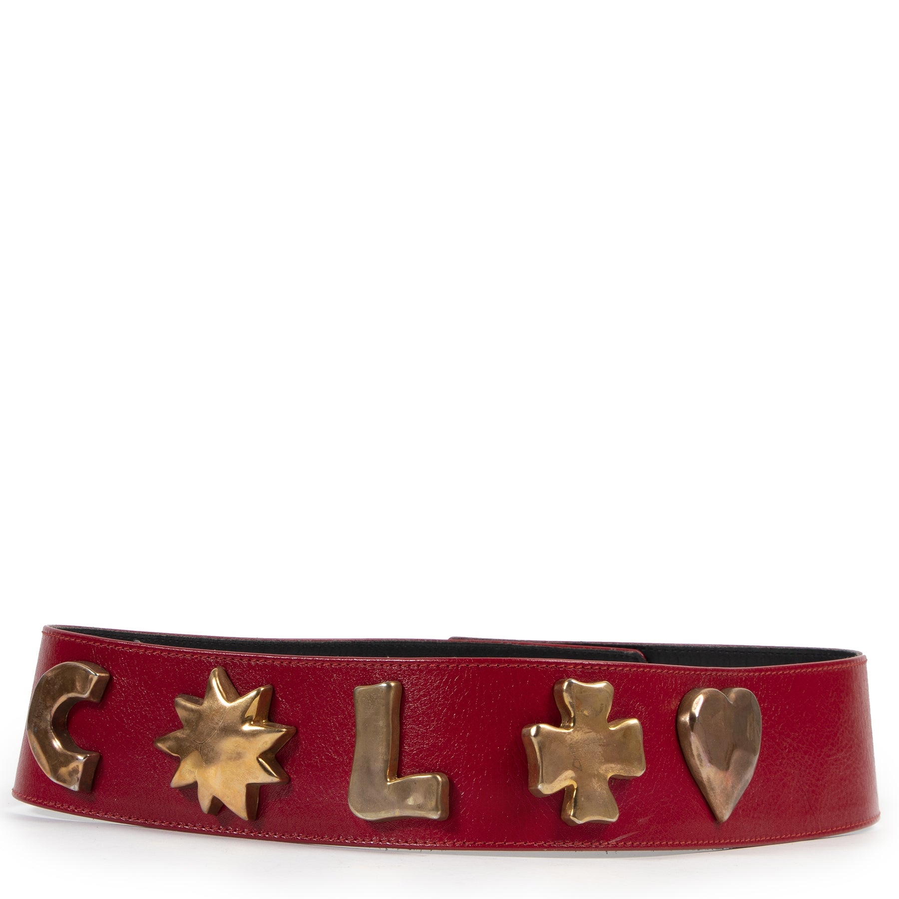 Authentic secondhand Christian Lacroix Red Leather Gold Symbol Belt designer accessories fashion luxury vintage webshop safe secure online shopping