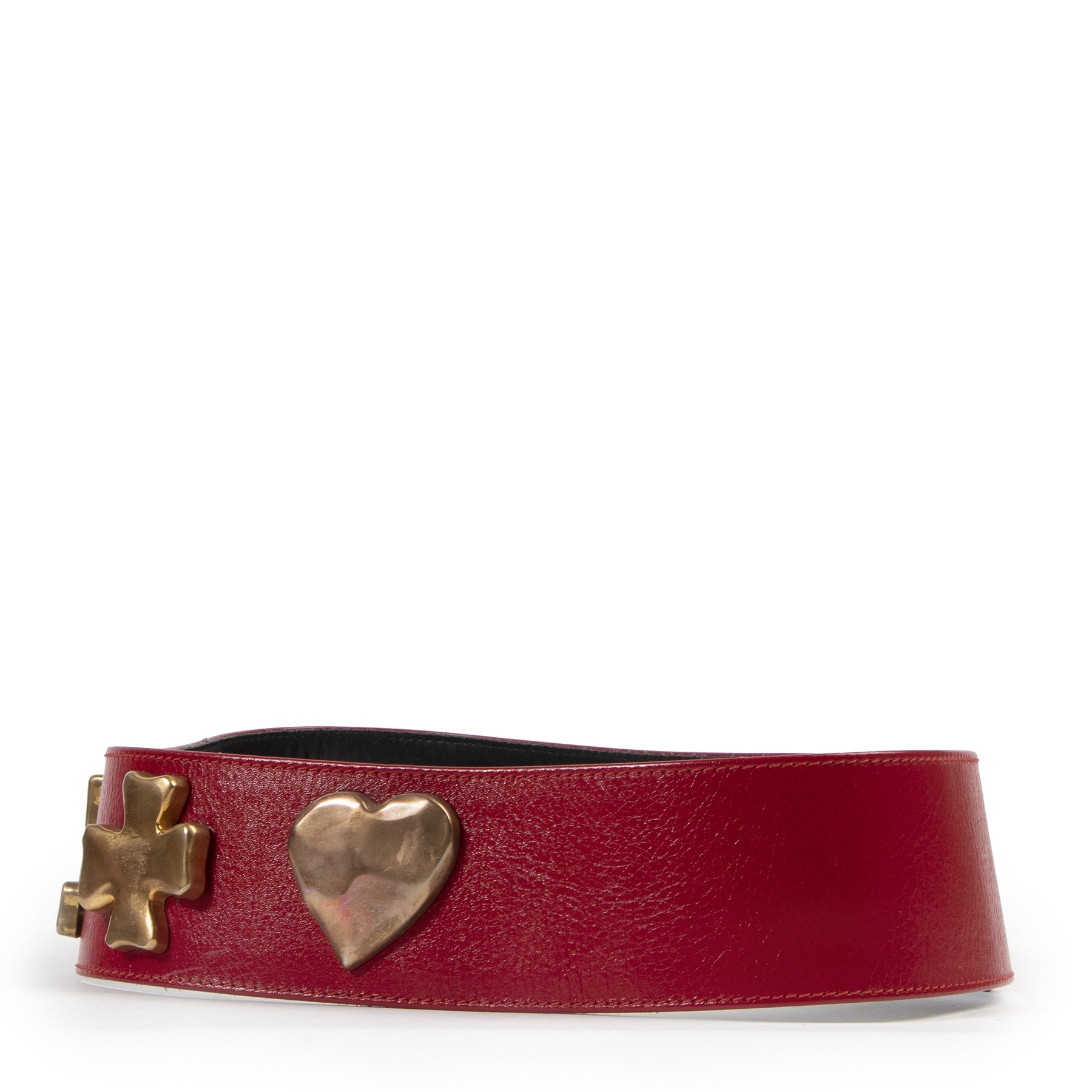 Authentieke Tweedehands Christian Lacroix Red Leather Gold Symbol Belt juiste prijs veilig online shoppen luxe merken webshop winkelen Antwerpen België mode fashion