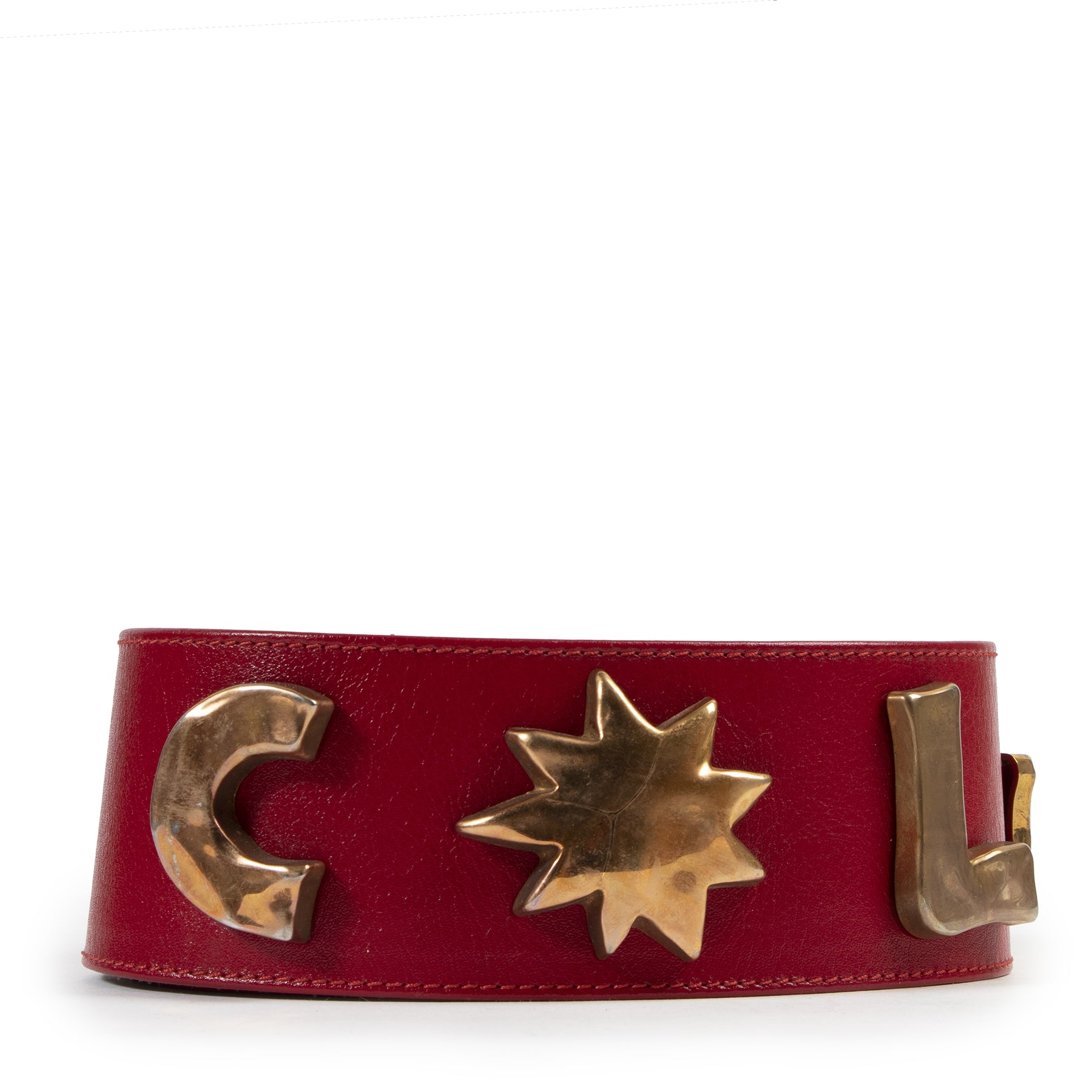 Authentic secondhand Christian Lacroix Red Leather Gold Symbol Belt designer accessories fashion luxury vintage webshop safe secure online shopping