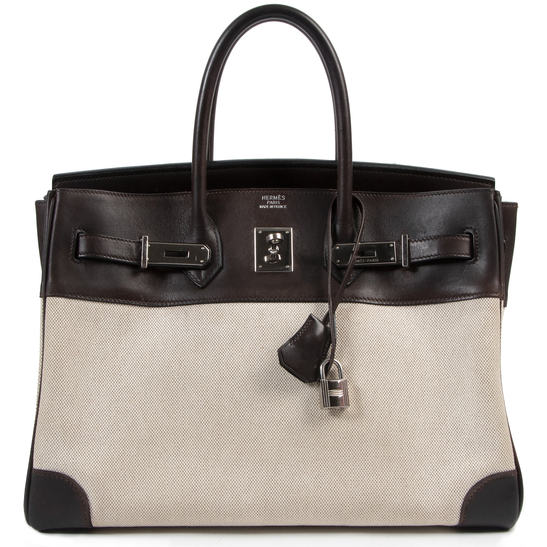 Buy and sell your Hermès Birkin 35 Toile and Chocolate Brown Leather PHW for the best price at Labellov secondhand