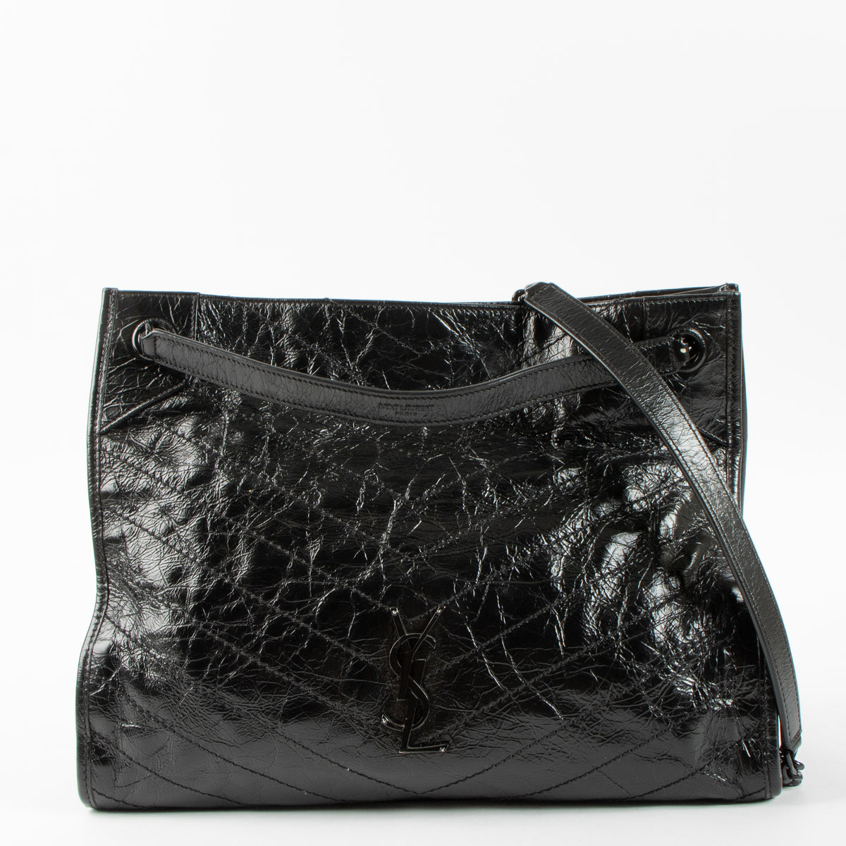 Shop this authentic luxury Saint Laurent All Black Vintage Calfksin Niki Small Shopping Bag Pre-Loved on Labellov.com