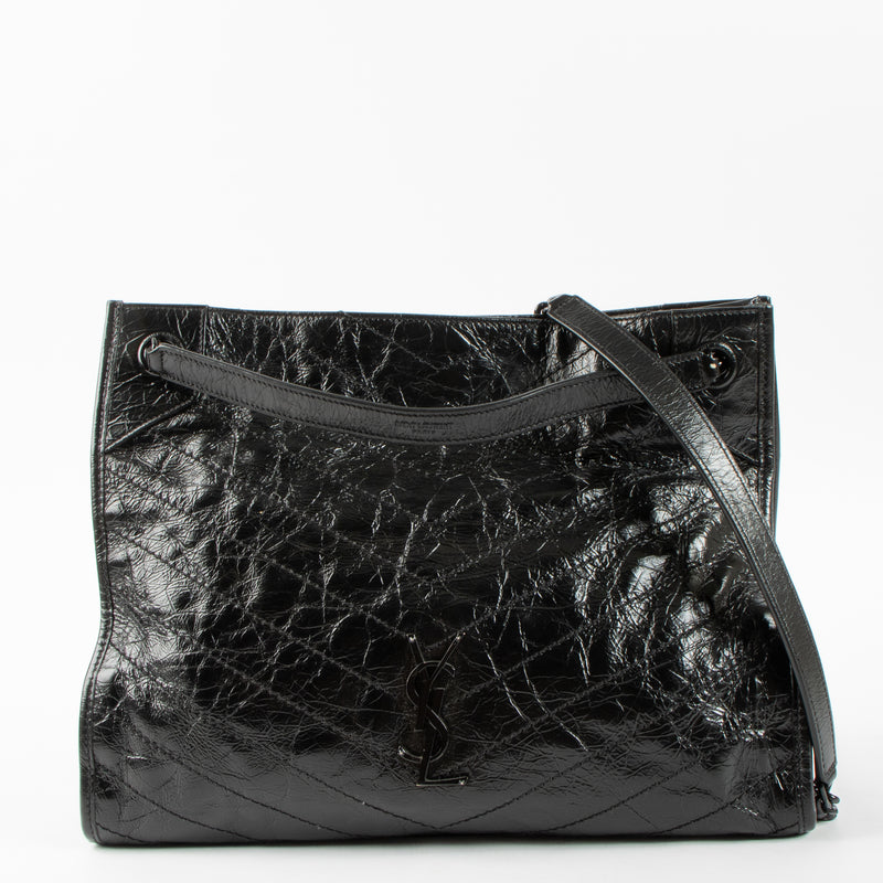 Shop this authentic luxury Saint Laurent All Black Vintage Calfksin Niki Small Shopping Bag Pre-Loved on Labellov.com