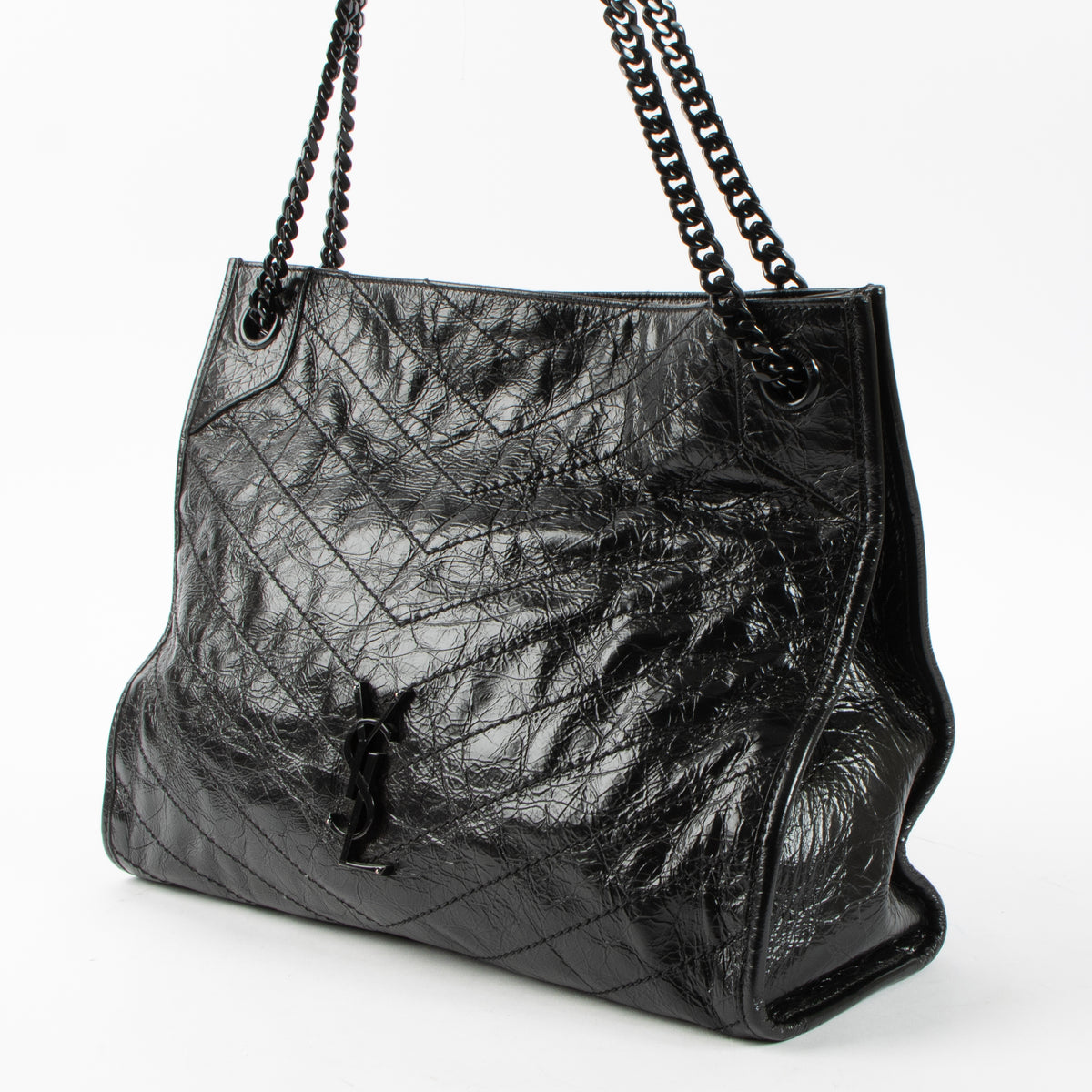 Shop this authentic luxury Saint Laurent All Black Vintage Calfksin Niki Small Shopping Bag Pre-Loved on Labellov.com
