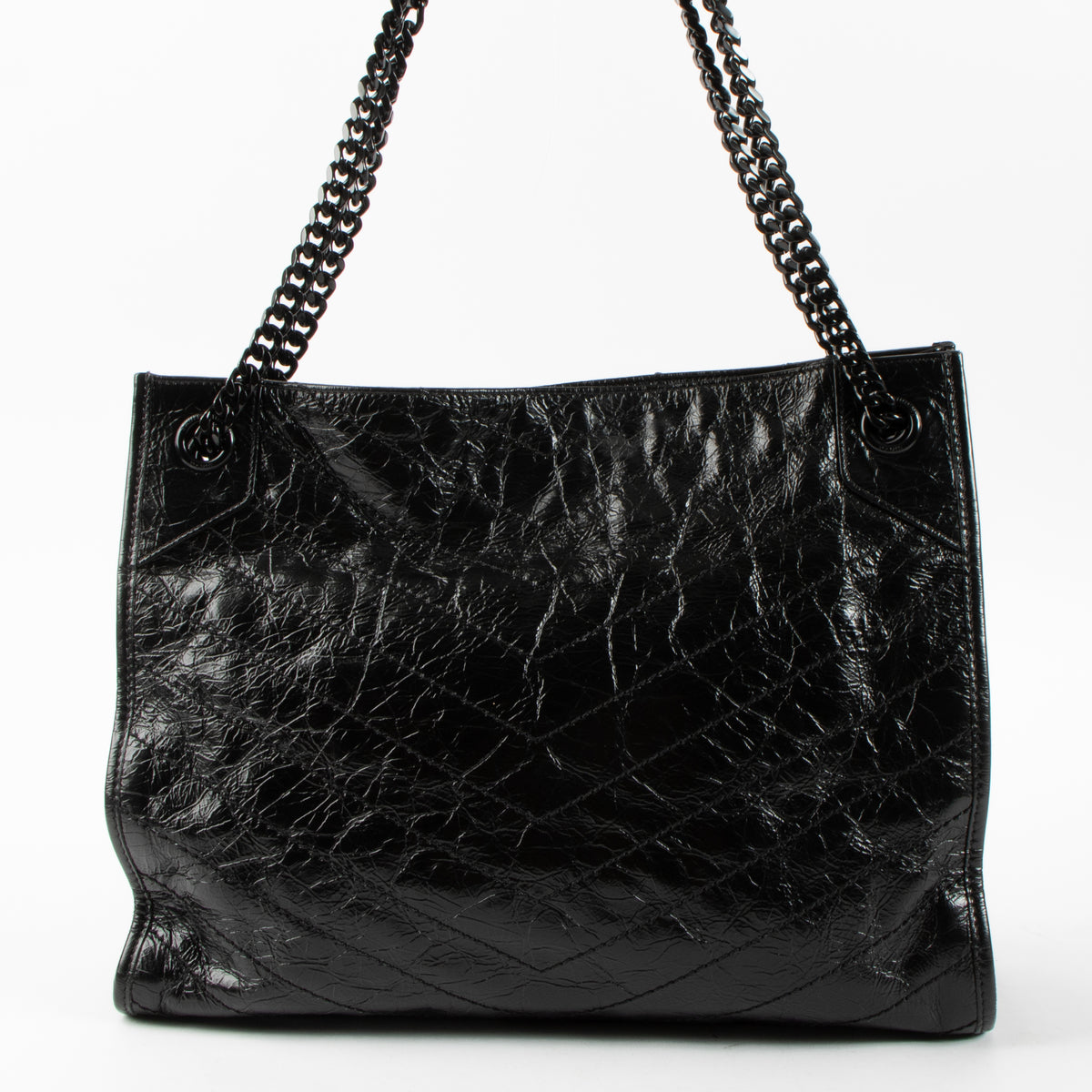 Shop this authentic luxury Saint Laurent All Black Vintage Calfksin Niki Small Shopping Bag Pre-Loved on Labellov.com