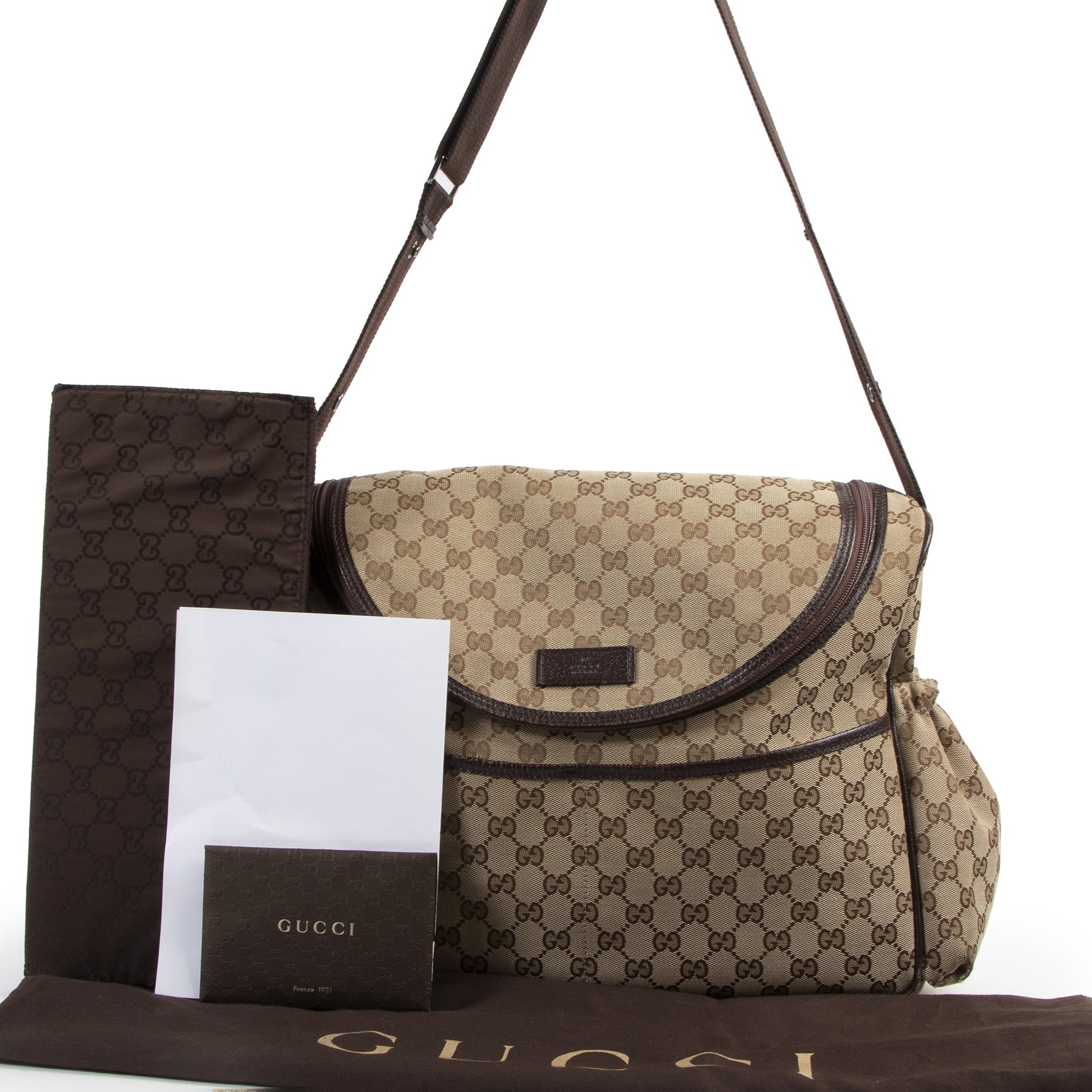 Authentieke Tweedehands Gucci Monogram Canvas Diaper Bag juiste prijs veilig online shoppen luxe merken webshop winkelen Antwerpen België mode fashion