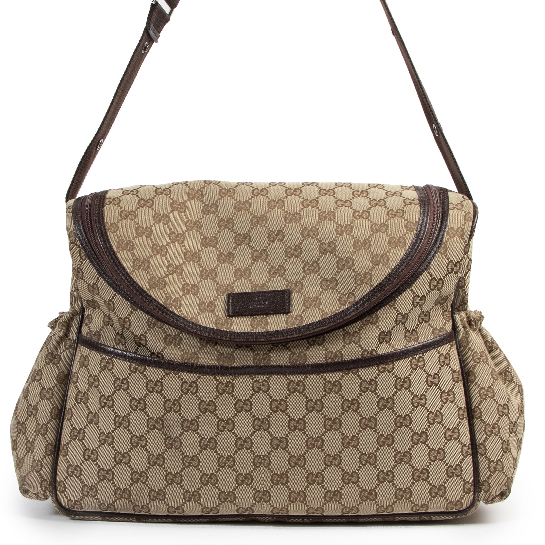 Authentieke Tweedehands Gucci Monogram Canvas Diaper Bag juiste prijs veilig online shoppen luxe merken webshop winkelen Antwerpen België mode fashion